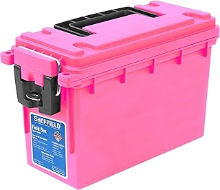 Sheffield 12631 Ammo Storage Box, Stackable .30 Cal Field Boxes, Water and Dust Resistant, Lockable Storage Box with Handle, Secures Hunting Gear, Supplies, and Bullets, Made in USA, Pink, 1-Pack