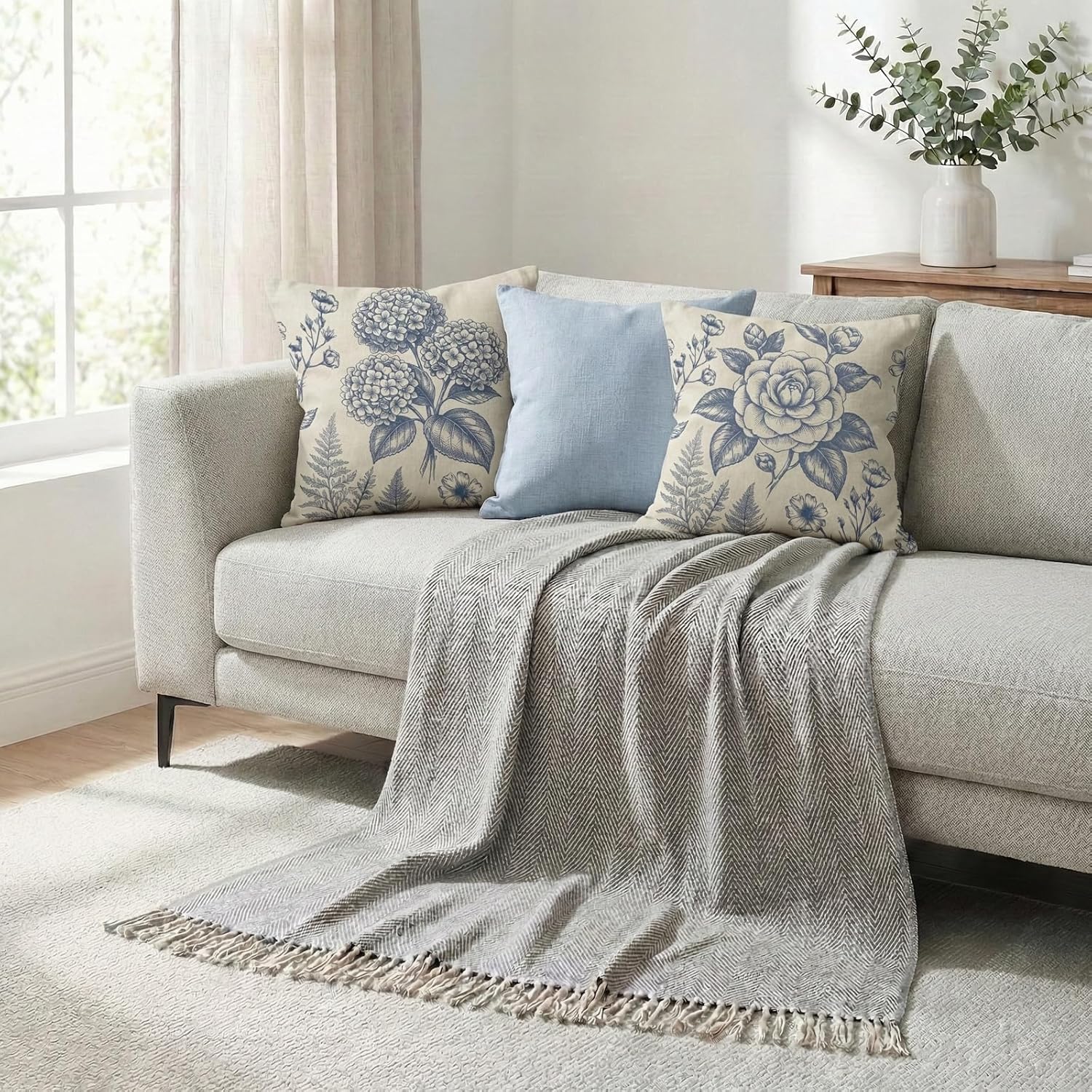 Vintage Blue Gray Floral Throw Pillow Covers Set of 2 Double Sided Linen Blend French Country Botanical Cushion Cases Neutral Cottage Farmhouse Decor for Sofa Couch Bedroom Living Room 18×18 Inch