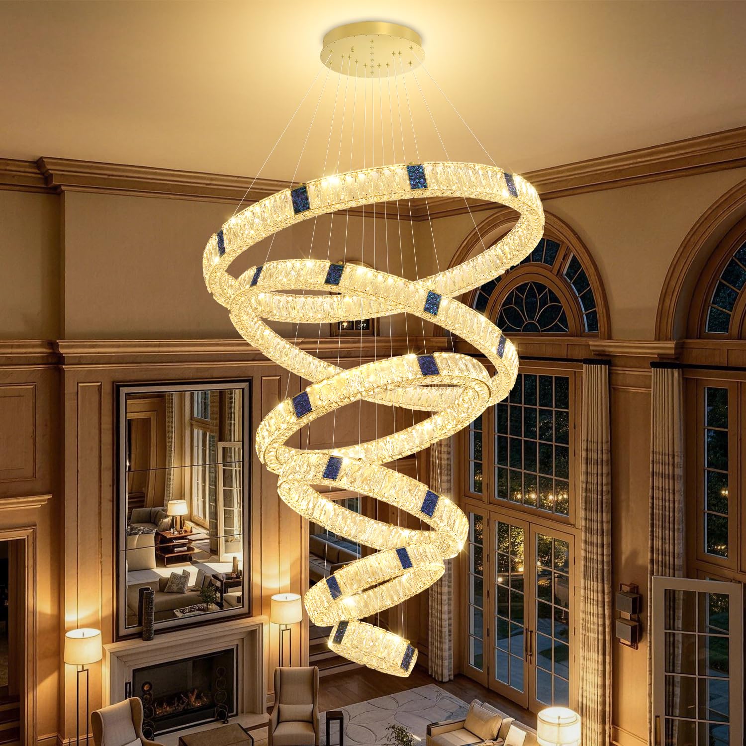 IDEQUY Extra Large 6 Ring Chandelier Modern LED Gold Ring Crystal Chandelier Lighting, Hi…