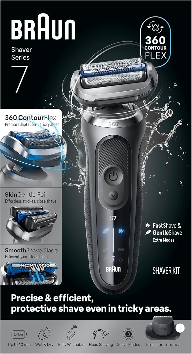 Braun Electric Shaver for Men, Series 7 7120s, Wet & Dry Shave, Turbo & Gentle Shaving Modes, Waterproof Foil Shaver, with Precision Trimmer, Space Grey - Image 12