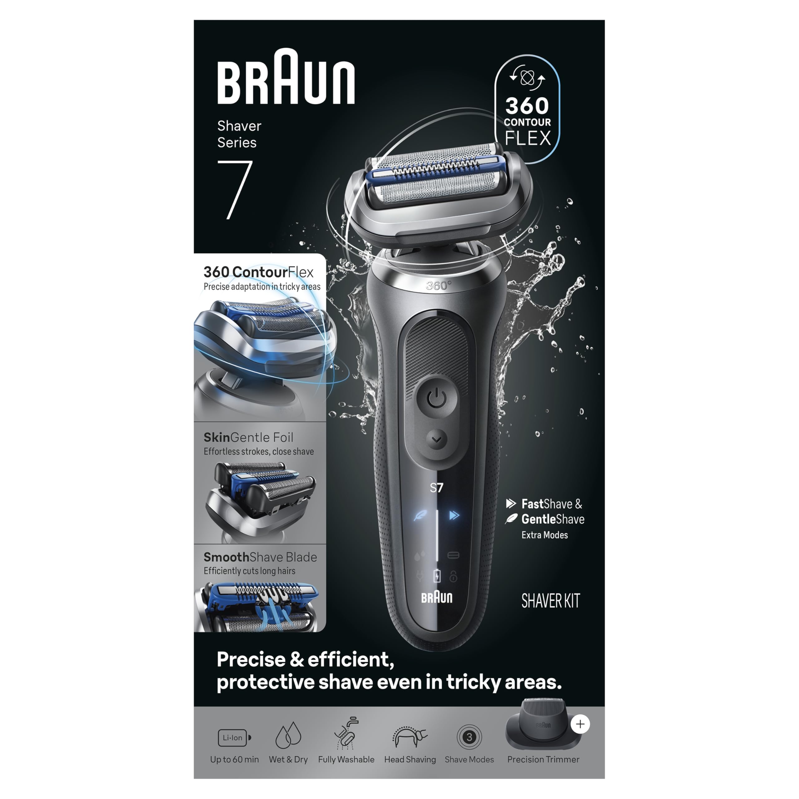Braun Electric Shaver for Men, Series 7 7120s, Wet & Dry Shave, Turbo & Gentle Shaving Modes, Waterproof Foil Shaver, with Precision Trimmer, Space Grey