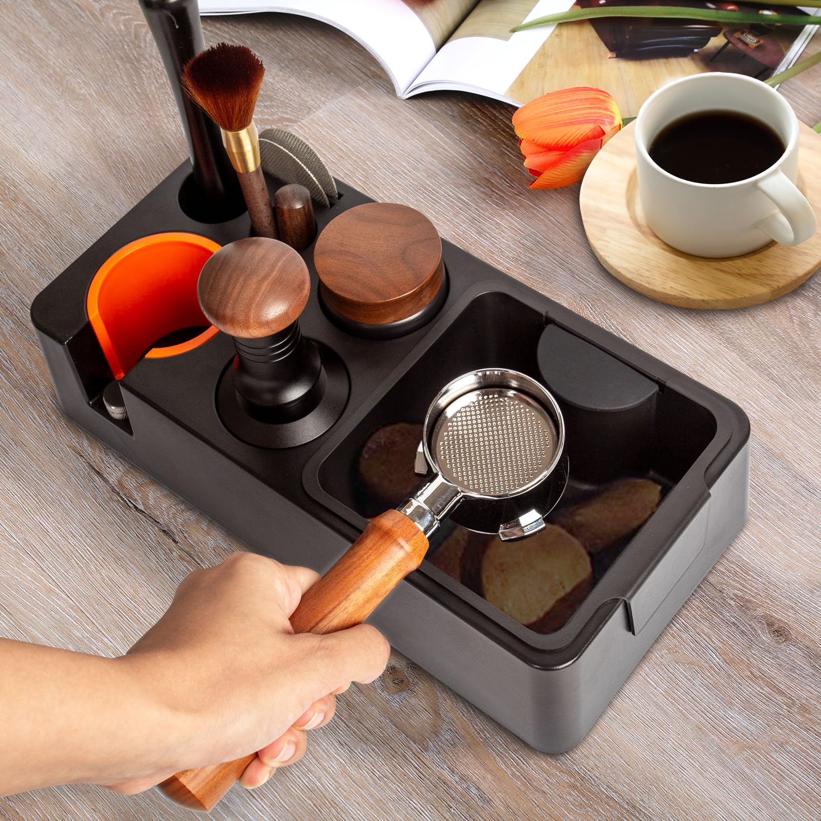 Stazione Tamper, Tamper Station in ABS per Portafiltro da 51–58 mm, per Macchina da caffè Espresso Barista,Stazione Tamper a Cassetto, Coffee Tamping Station,Barista Station