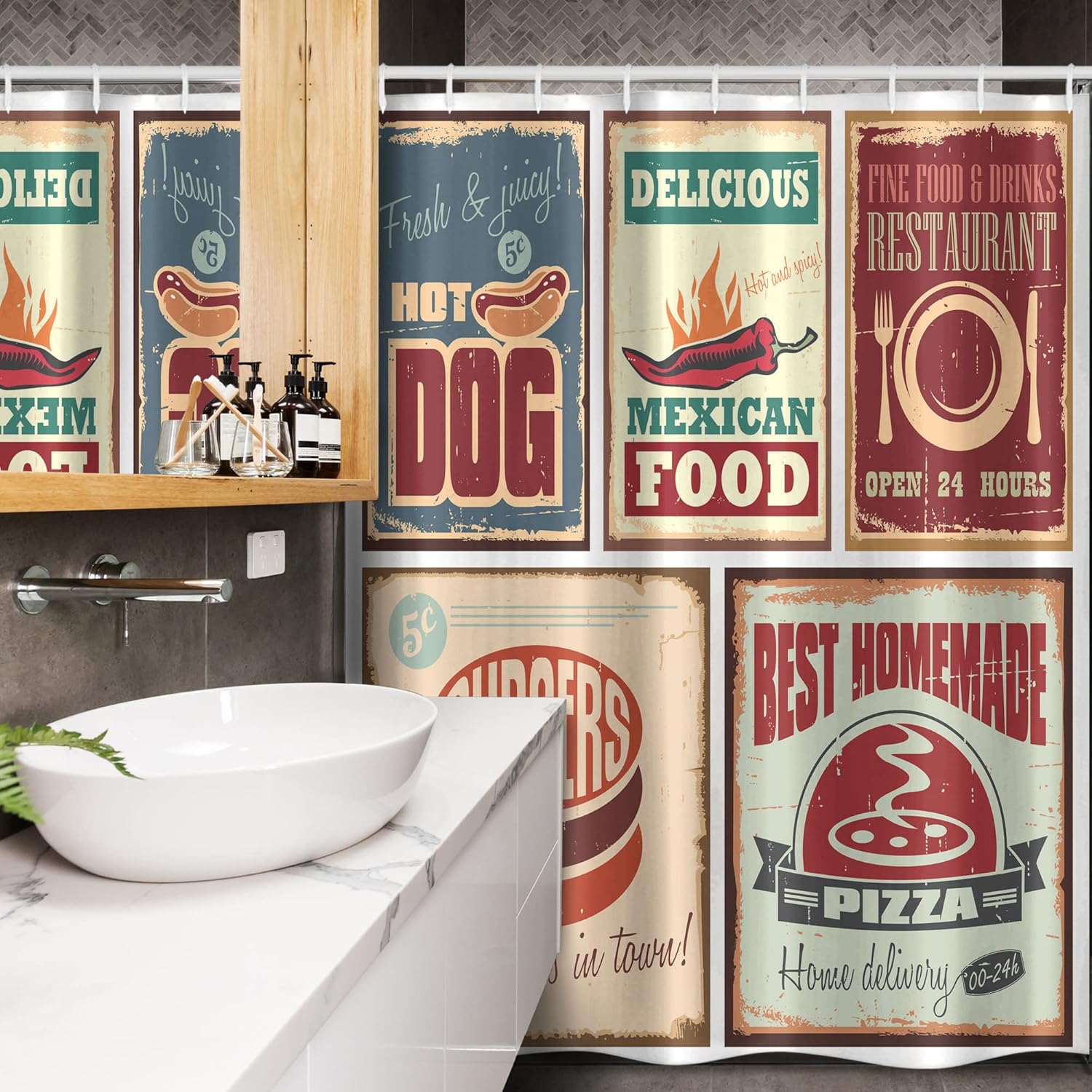Ambesonne Retro Stall Shower Curtain, Nostalgic Tin Signs Mexican Food Prints Aged Advertising Logo Style Design, Fabric Bathroom Decor Set with Hooks, 54" W x 78" L, White Burgundy Multicolor