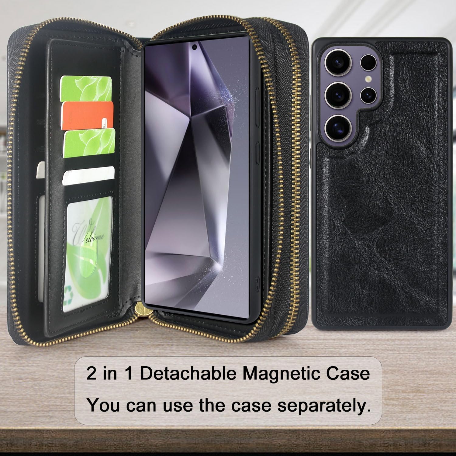 Harryshell Compatible with Samsung Galaxy S25 Ultra Case Wallet Multi Zipper Detachable Removable Cover Purse with Card Slots Holder Mirror Crossbody Wrist Strap for 6.9 inch (Black)