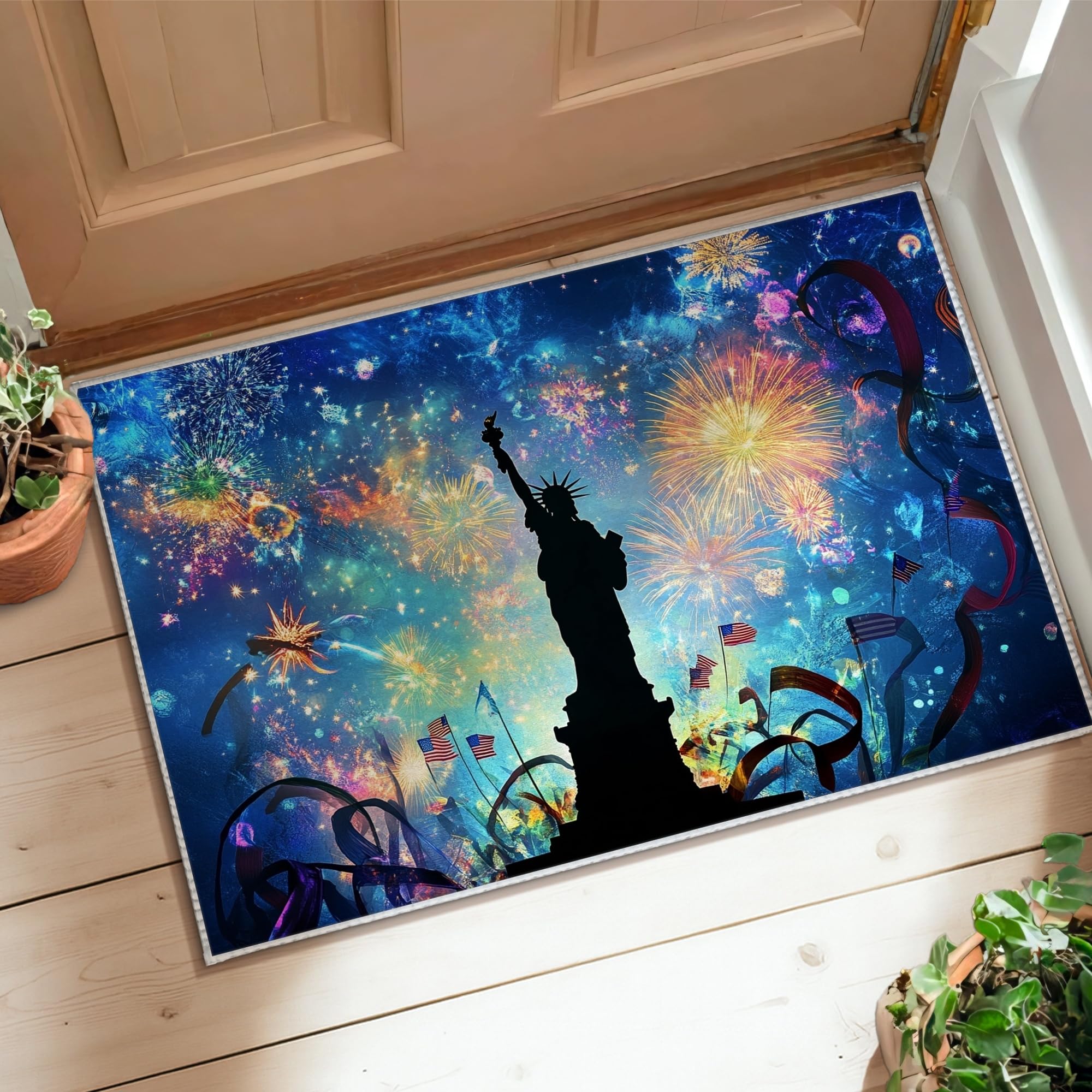 Tapis salle de bain bleu étoiles et feux d'artifice lavable déco entrée 60 cm