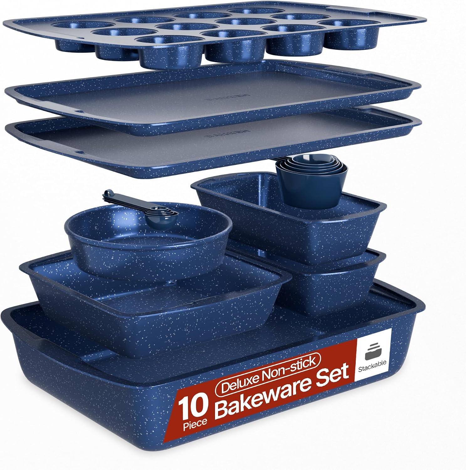 Blue Marble 10-Piece Bakeware Sets, Nonstick Carbon Steel Baking Sheet & Pans, Stackable Space-Saving Bakeware, Dishwasher Safe, Stain-resistant, PFOAPFOSPTFE Free, Oven Safe Up To 450°F (230°C)