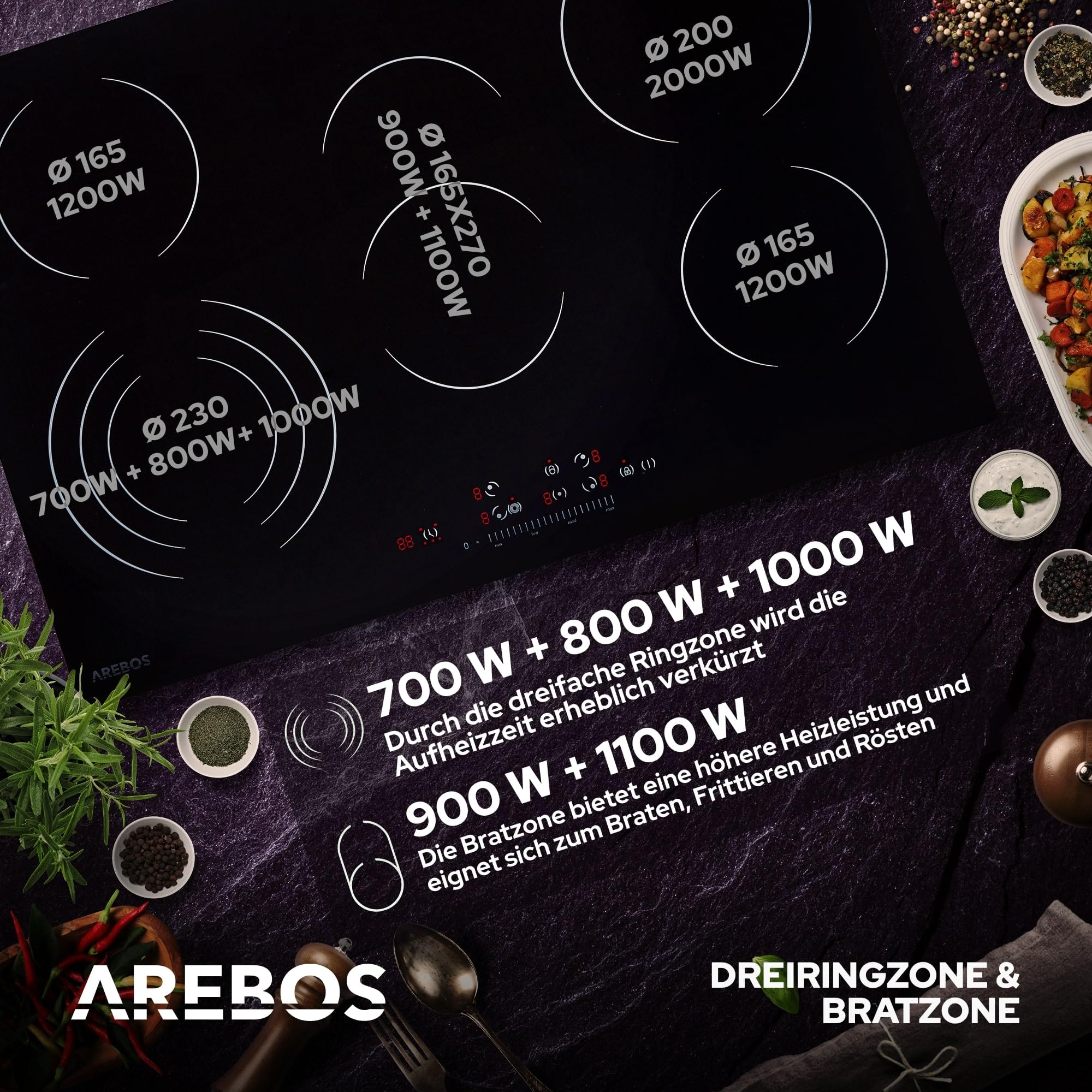 Arebos Glaskeramikkochfeld | 8700 W | 5 Kochfelder | 77 cm | autark | inkl. Dreiringzone und Bräterzone | mit Sensor Touch | Kindersicherung | Überhitzungsschutz | Autoabschaltung