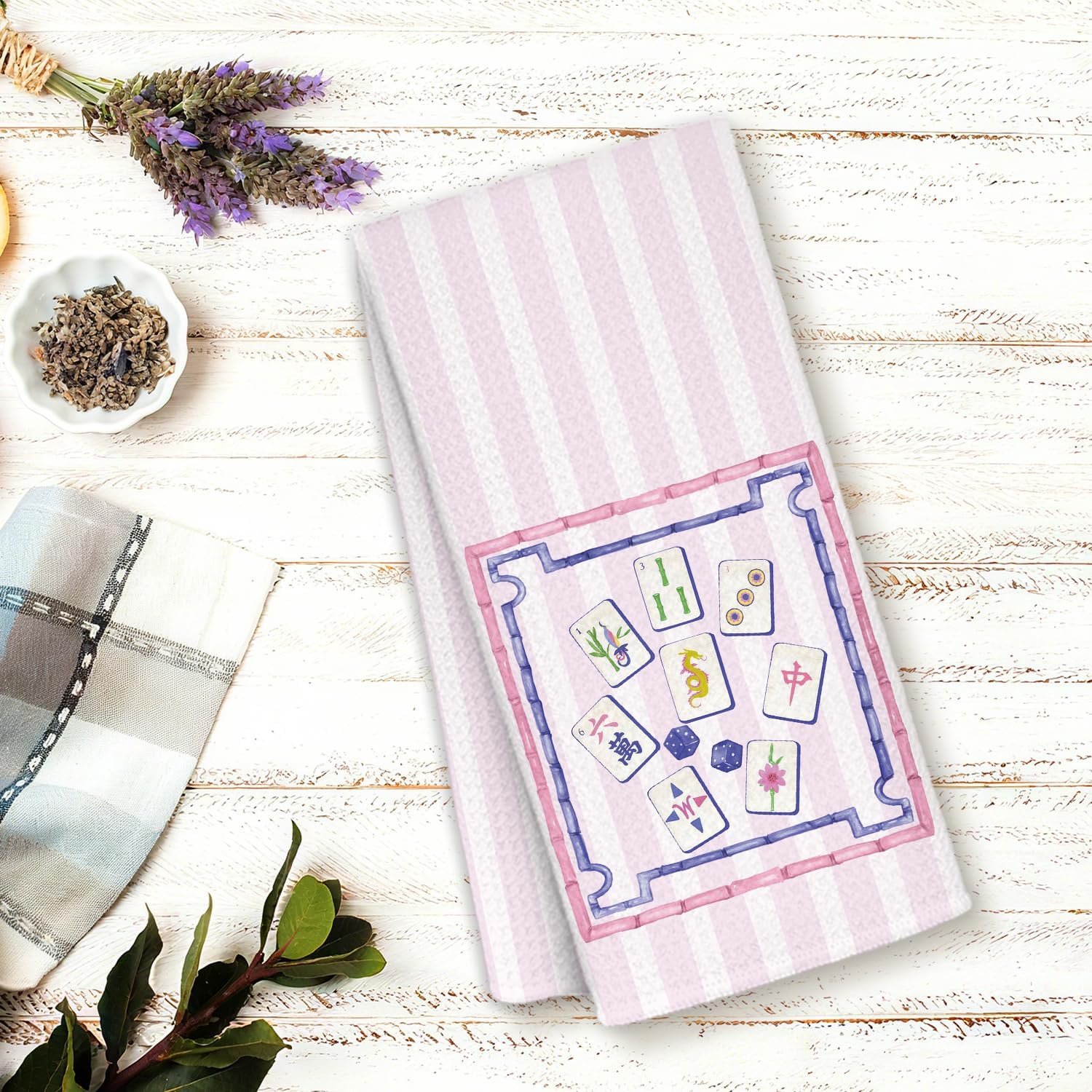 Purple Stripe Chinoiserie Mahjong Tile Kitchen Towels,Gifts for Mahjong Lovers,Mah Jong Decorative Waffle Hand Dish Towels,Chinoiserie Mah Jong Gifts for Women Men,16x24 Inches - Image 5