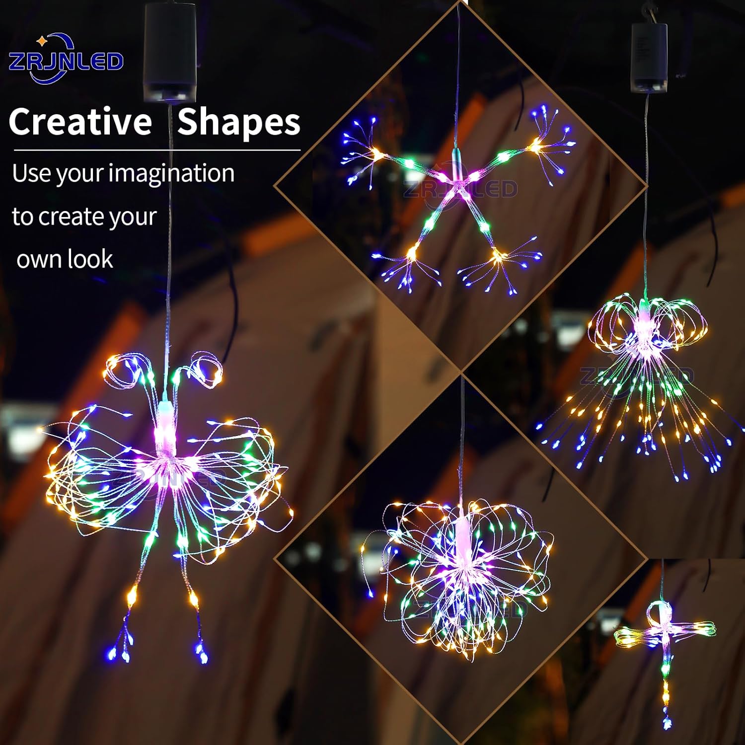 Firework Lights 4 Pack,120 LED Copper Wire Starburst String Light Battery Operated, 8 Modes sparkling Lights with Remote, Valentines Day Decorations Hanging Lights for Party Patio (Multi-colored, 4)