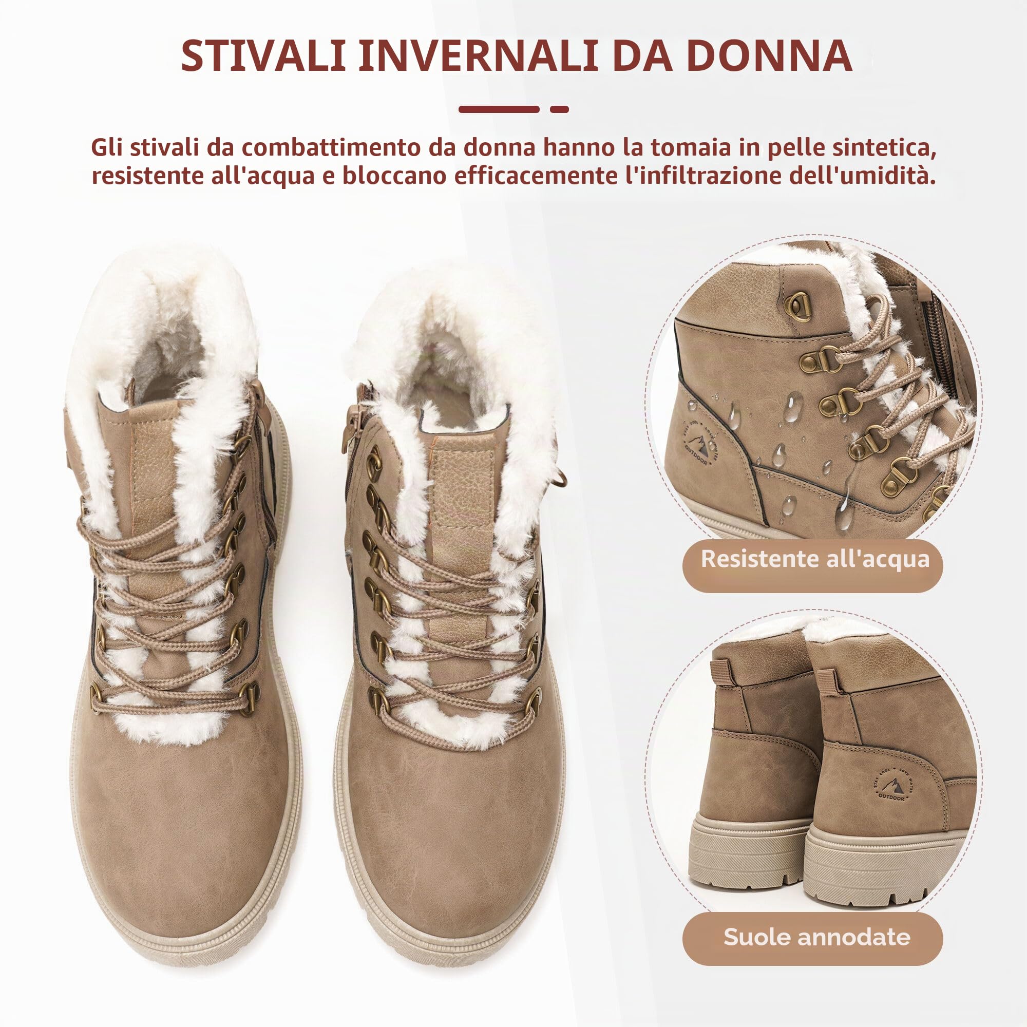 GLAMORA Stivali da Neve Donna, Stivaletti Invernali Caldi Idrorepellenti con Pelliccia Sintetica, Lacci e Cerniera Laterale, Scarponcini con Suola Antiscivolo per Città e Passeggiate
