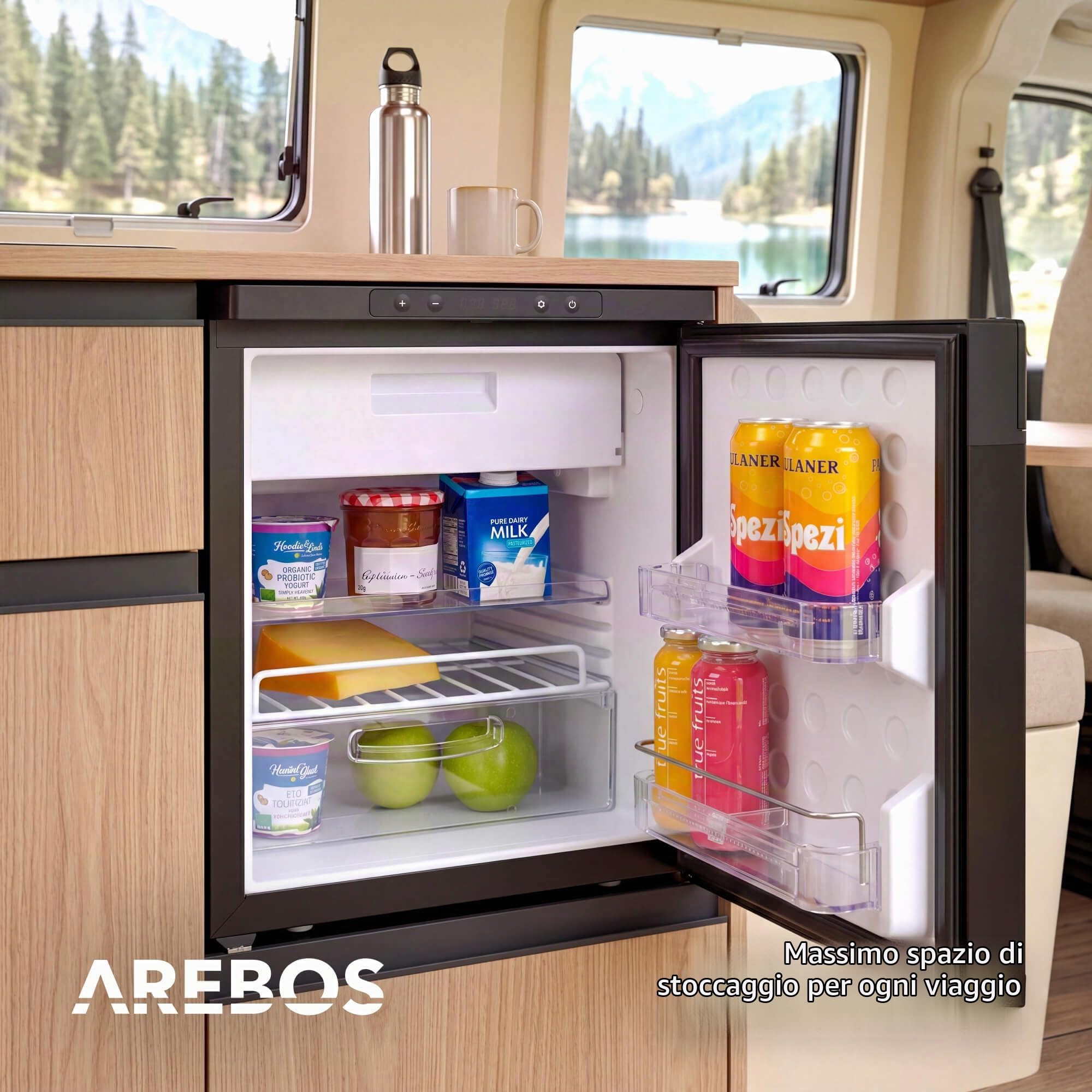 Arebos Frigorifero a Compressore per Camper 50L con Scomparto Congelatore | Controllo APP | 12V/24V | Fino a -20°C | Porta Reversibile | Frigorifero per Camper, Van, Auto e Camion