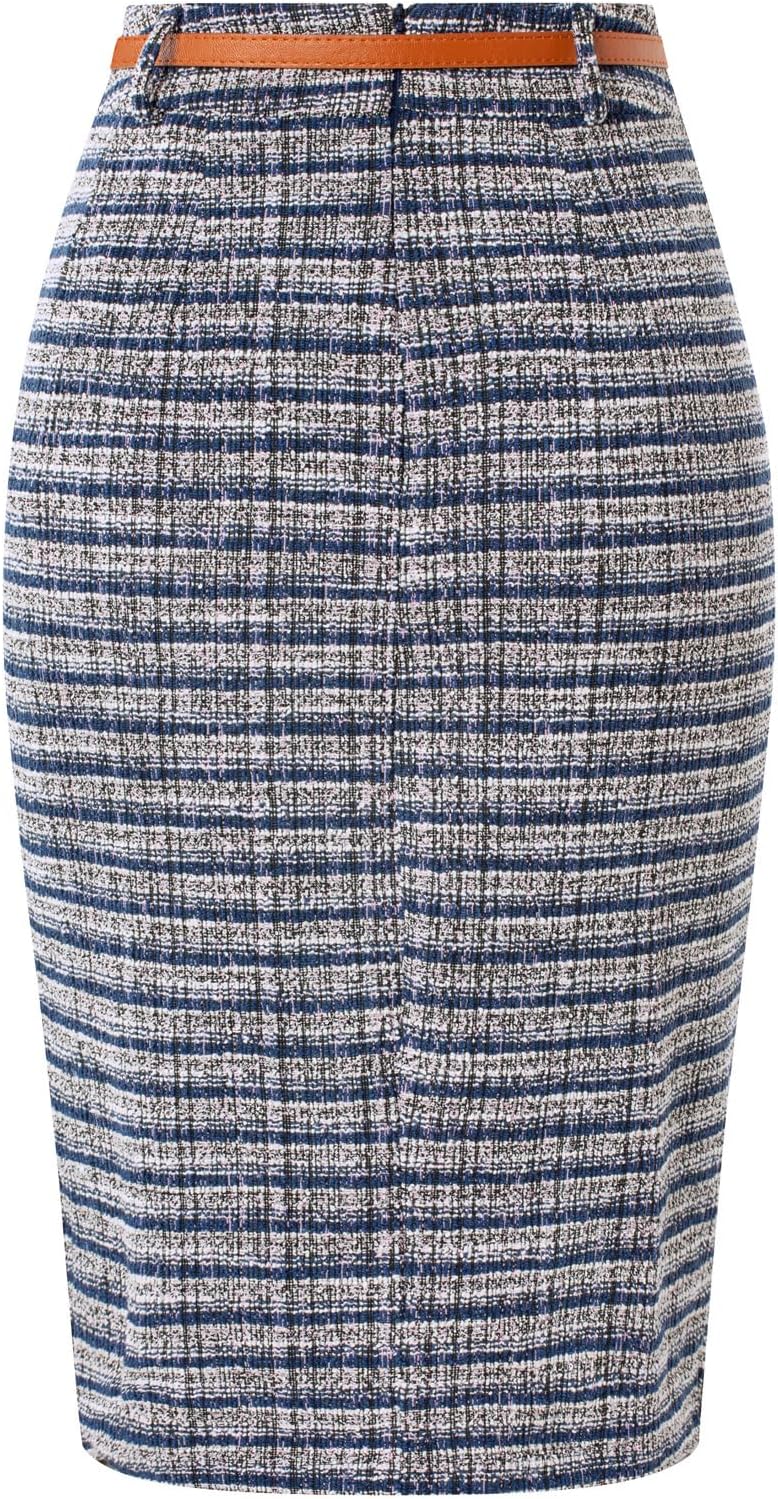 Kate Kasin Women's Tweed Pencil Skirt Knee Length High Waisted Skirts with Slit Elegant Skirts with Belt - Image 6