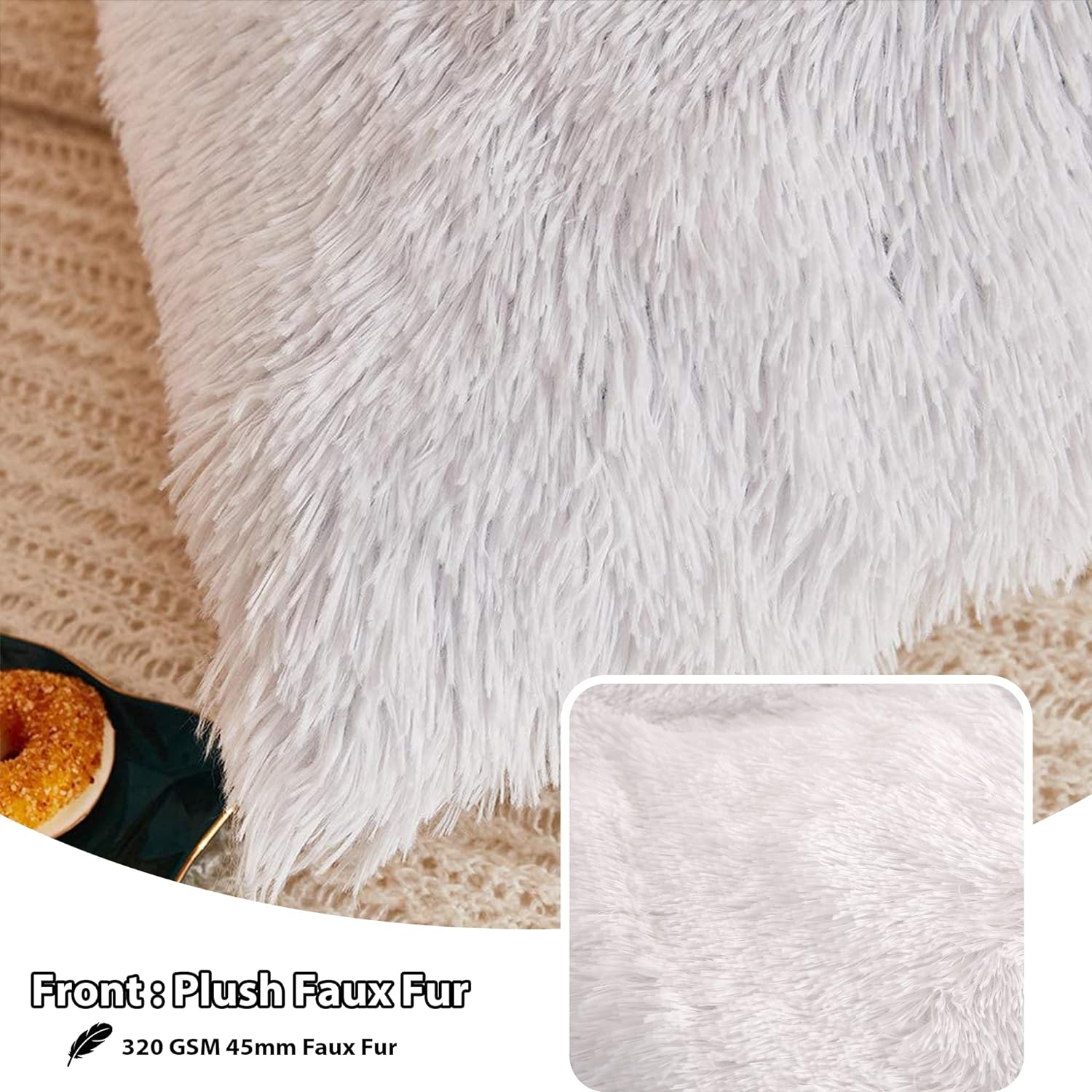 LIFEREVO 2 Pack Shaggy Plush Faux Fur Pillow Shams Velvet Reverse,20"x36" Fluffy Decorative Pillowcases with Zipper Closure for Couch,Sofa,Bed(White,King)