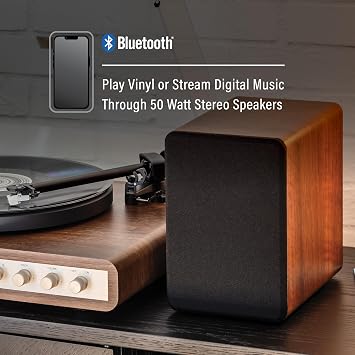 Crosley C65 Record Player with Speakers, Record Player Shelf System, Walnut | Easy Set Up Vinyl Player with Dust Cover, Bluetooth Turntable with 50W Bookshelf Speakers, Cartridge