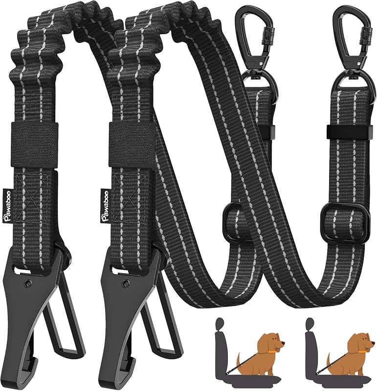 Pawaboo 2Pack Dog Car Seatbelt, 3-in-1 Dog Tether with Buckle & Hook Latch | Adjustable Dog Seat Belt Bungee, Reflective Shockproof Dogs Cars Harness Leash with 360°Lockable Buckle, Black