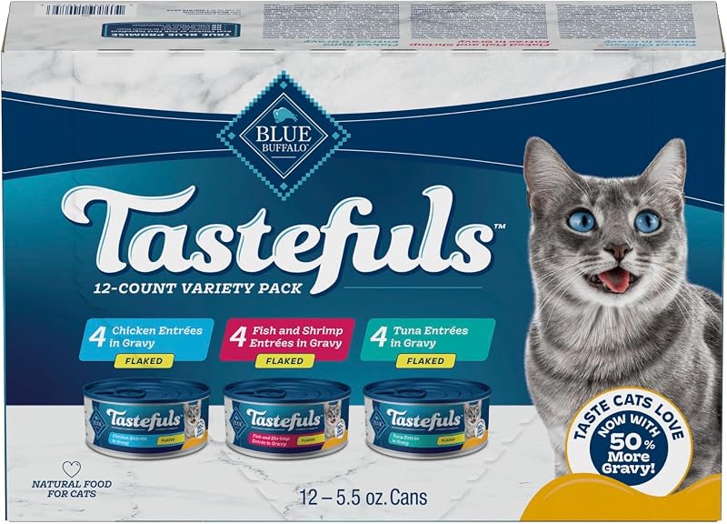 Ração úmida para gatos adultos Blue Buffalo Tastefuls Flaked Variety Pack, 12 latas de 156 g