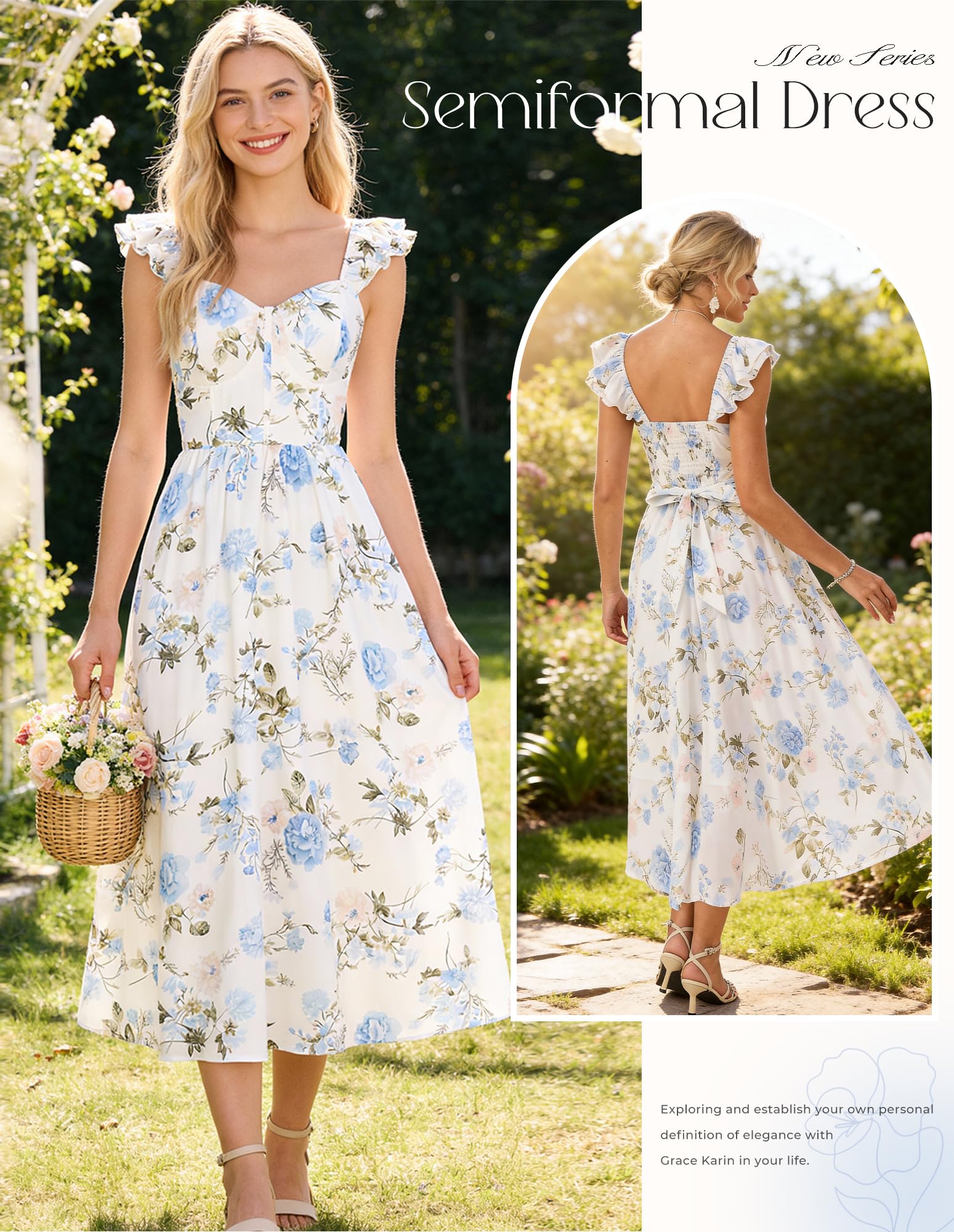 GRACE KARIN Vestido de verano con tirantes delgados para mujer, ligero, de gasa, floral, acampanado, con bolsillos, para boda y fiesta