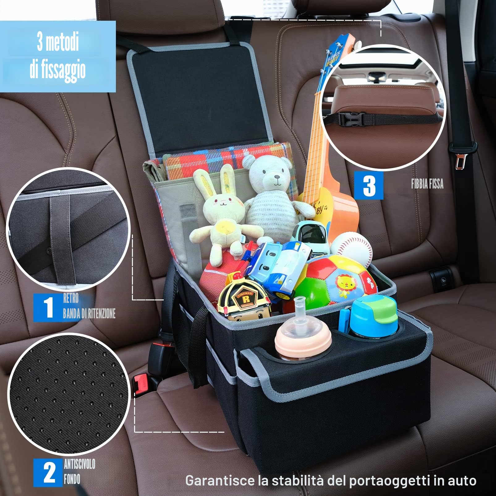 Organizer Sedile Auto per Sedile Posteriore & Anteriore, Pieghevole Organizzatore Sedili Auto con Cinture di Sicurezza & Portabicchieri, Accessori Portaoggetti da Viaggio per Bambini (Nero)