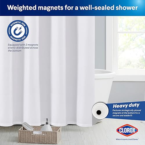 Miniatura 6 de Clorox Cortina de ducha de baño 2 en 1 con ganchos de metal, tela duradera, imanes pesados para control del agua del baño, lavable, calidad premium,