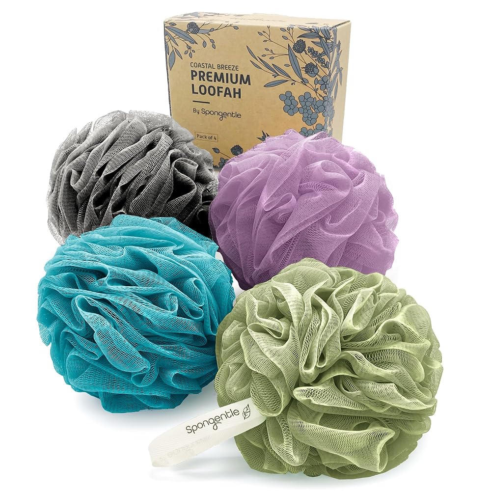 Spongentle Premium Deep Cleansing Loofah Sponge for Radiant Skin, Pack of 4, Bath and Shower, Exfoliating Body Scrubber, Beautiful Colors for Women and Men