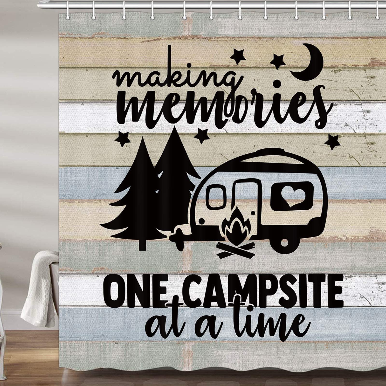 JAWO Camper RV Shower Curtains for Bathroom, Farmhouse Camping Fabric Shower Curtain Accessories for Travel Trailers, Happy Camp Decorations Bathroom