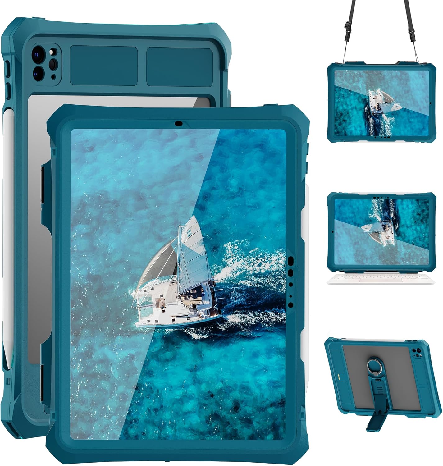 Compatible with iPad Pro 11 inch M4 2024 M5 2025 Waterproof Case,360 Protective Military Drop-Proof,with Strap Stand,Clear Screen Protector,Built-in Pencil Holder for iPad pro 11 Tablet Cover-Teal