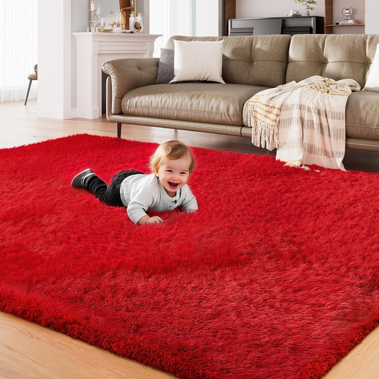 AMTOVO Area Rugs for Living Room, Fluffy Red 8x10 Clearance Bedroom Rug, Large Throw Shag Carpet for Nursery, Kids, Playroom Home Decor 8' x 10' (Rectangular) Red