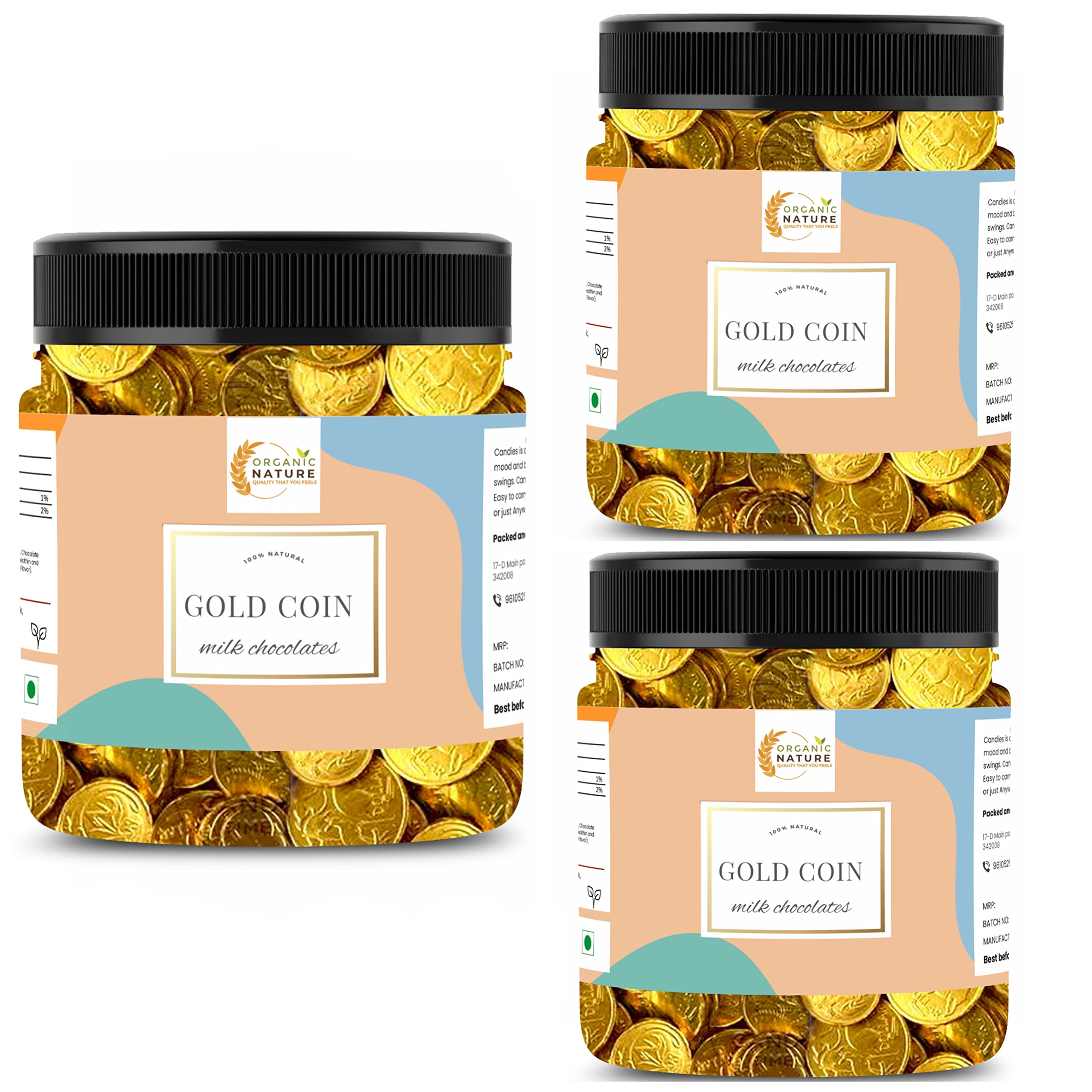 ORGANIC NATURE Gold Coin Milk Chocolates/Chocolate Coins Gift Pack (Jar Pack) (300 Pieces (Pack Of 3 Of 100 Pieces, 300 Gram)