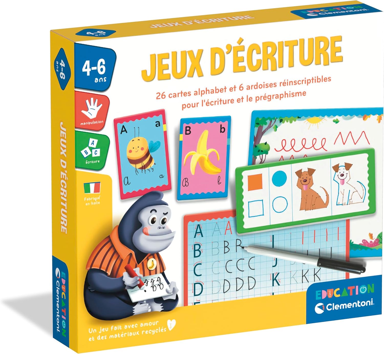 Clementoni Contains 26 Alphabet Drawing Cards + 2 Slates for Graphics + 1 Erasable Felt Tip Pen + 1 Sponge + 1 Game Guide | 4 Years | 52803, Multi-Coloured
