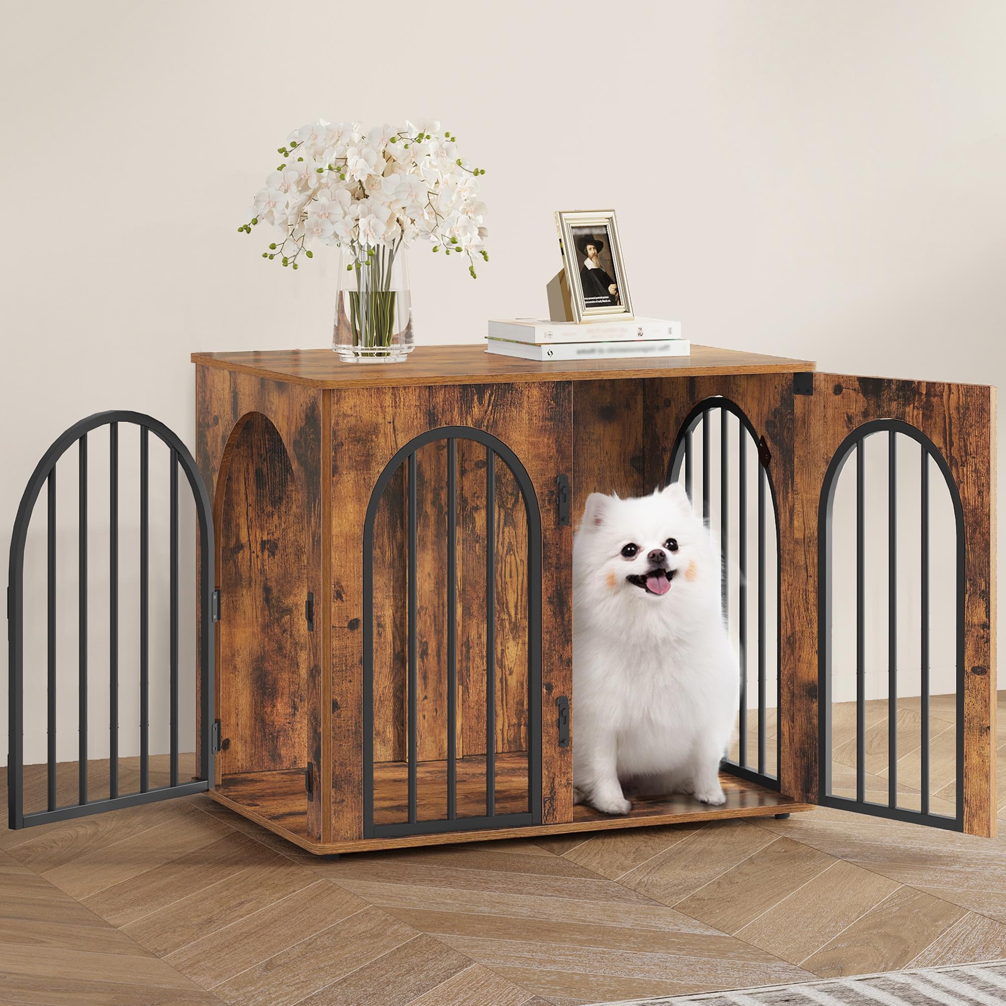 Hzuaneri 68 cm Dog Cage, Side Table, Modern Dog House, Small Dog Cage for Wooden House, Puppy Cage, 3 Doors, Arched Door, 49 x 68 x 56 cm, Rustic Brown The Forest Stewardship Council