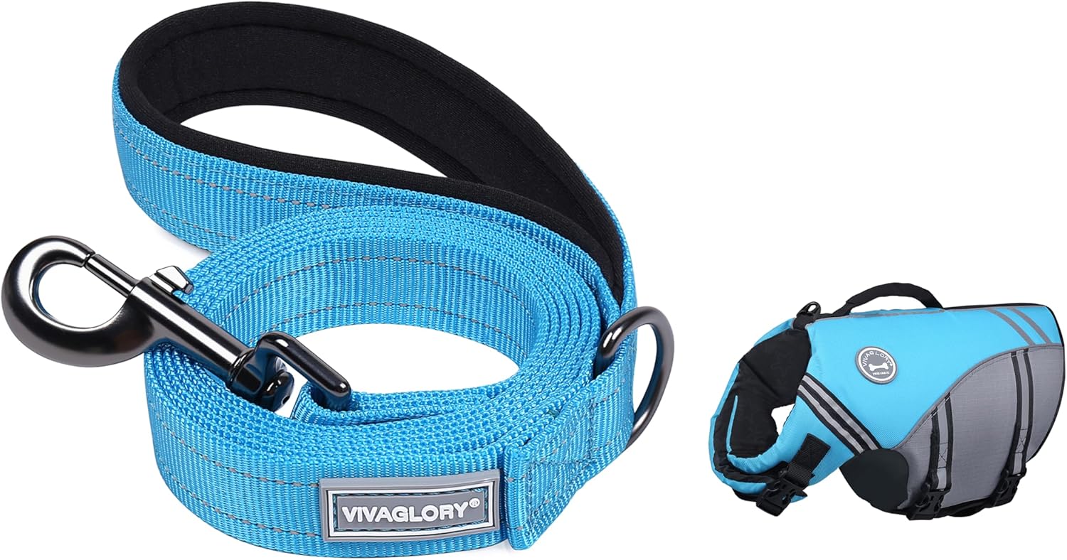 VIVAGLORY + Dog Leash + Dog Life Vest, Comfortable Neoprene Padded Handle Ripstop & Buoyancy