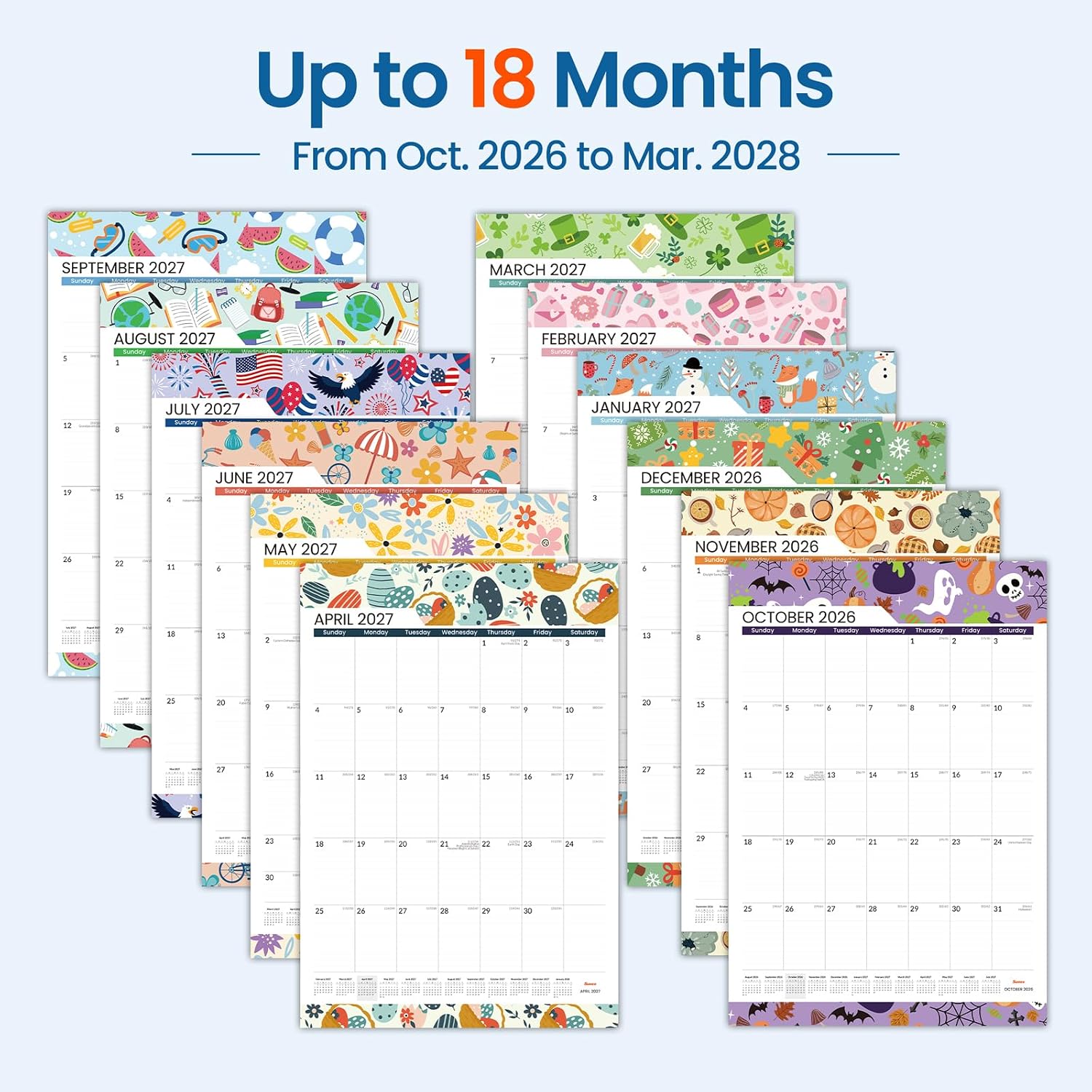 SUNEE 2026-2027 Wall Calendar Large 22.75"x15.5", 18 Month Calendar (Ends March 2028), Vertical Extra Large, Seasons Color