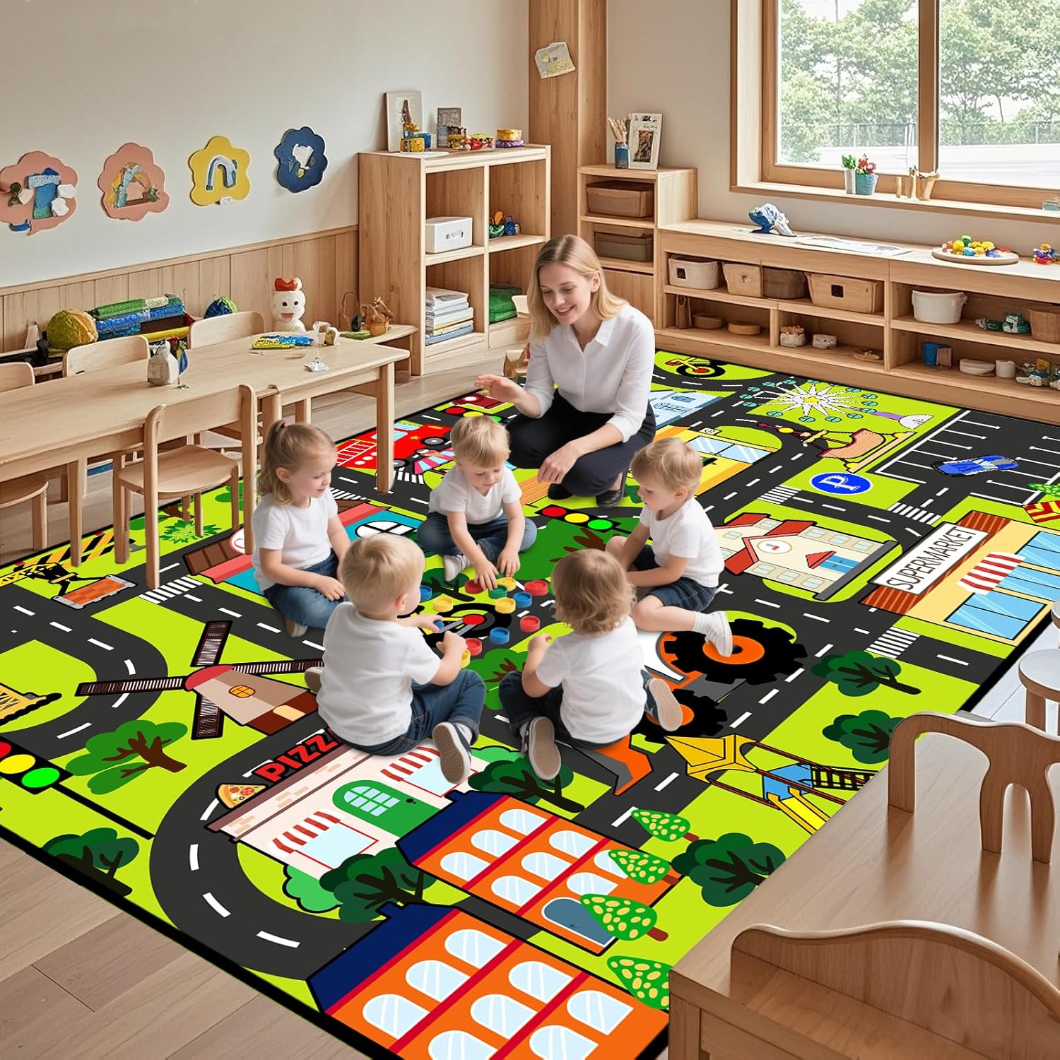 Car Rug Play Mat 6x8 Feet - Car Road Map Rugs for Playroom, Large Kids Carpet Playmat Rug City Life Road Carpets for Classroom Nursery Kids Play Rugs, Green