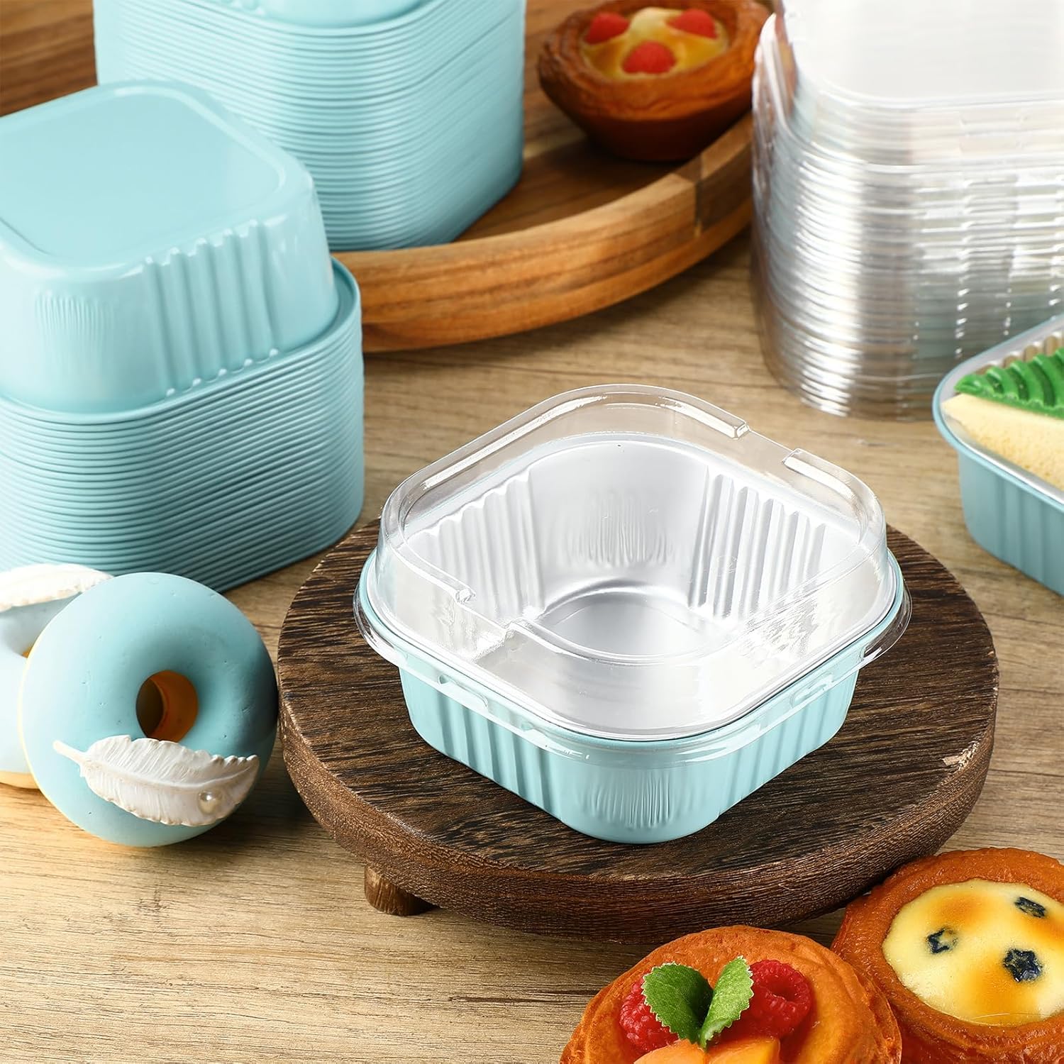 Aoriher 150 Pieces 10 oz Mini Cake Pans with Lids Aluminum Foil Baking Cups Square Disposable 4" x 4" Large Cupcake Cups Baking Tins for Kitchen Brownie Pudding Desserts Holders(Light Blue) - Image 4