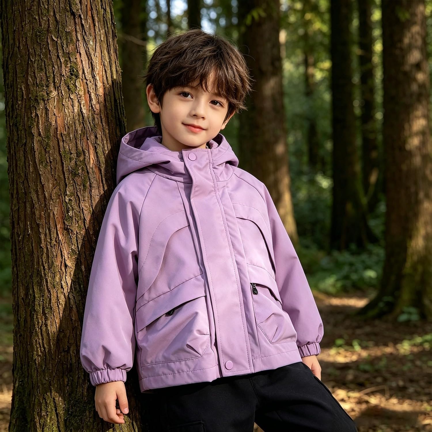 Kids Waterproof Hooded Rain Jacket Boys Girls Zip up Lightweight Windproof Windbreaker Jackets with Pockets Hiking Rain