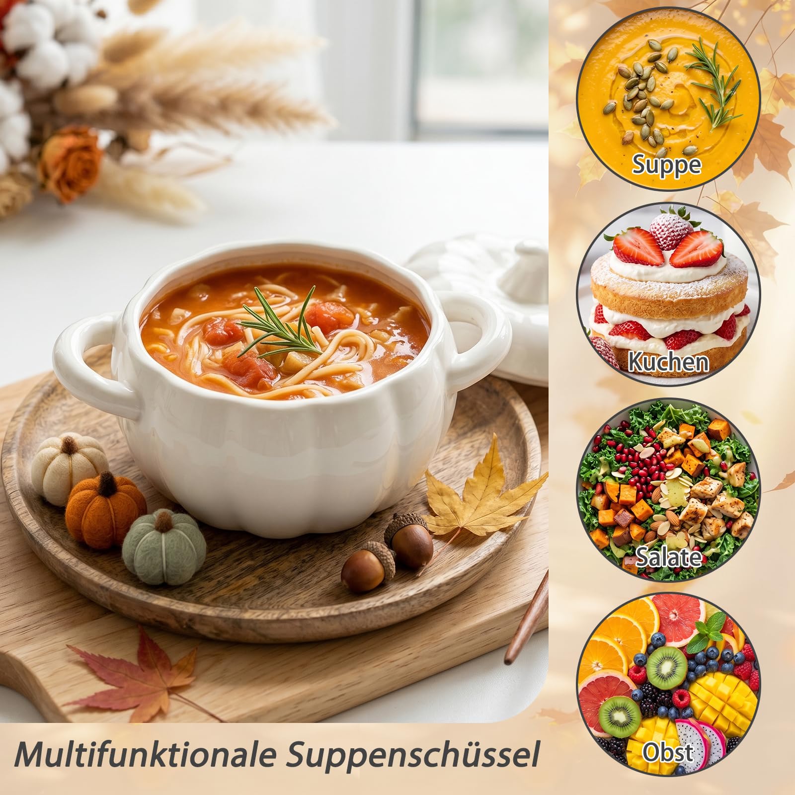 Justup Bol à soupe avec anse - 1,9 l - En céramique - Pot à soupe en forme de citrouille - Avec couvercle - Décoration d'Halloween - Batterie de cuisine pour la maison (blanc)