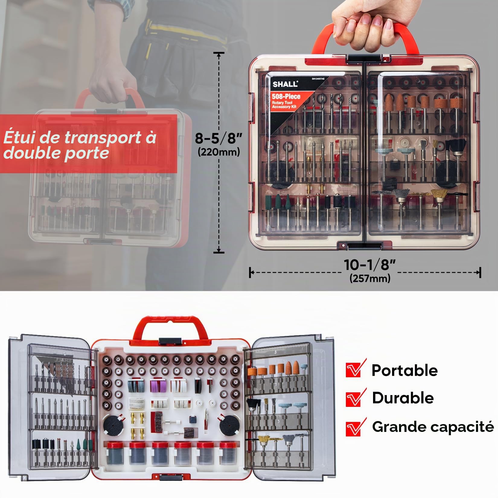 SHALL Coffret de 508 Accessoires d'Outils Rotatifs Universels, Kit d'Outils Multifonctions avec Mandrin pour Couper, Meuler, Percer, Graver et Polier Compatible Dremel