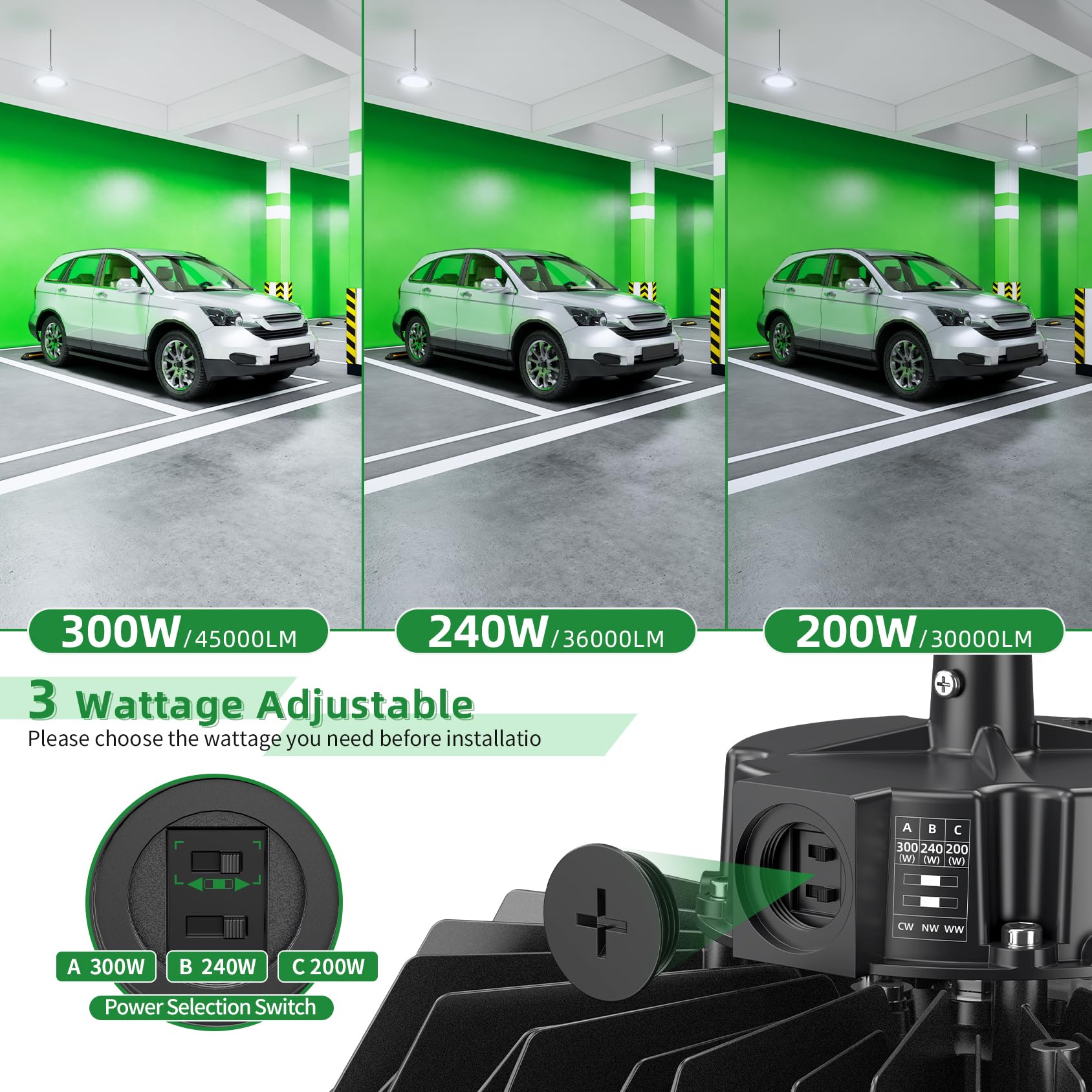 9 Pack UFO LED High Bay Light 300W 240W 200W Adjustable 3 Color Brightness Adjustable 0-10V Dimmable DLC — view 3