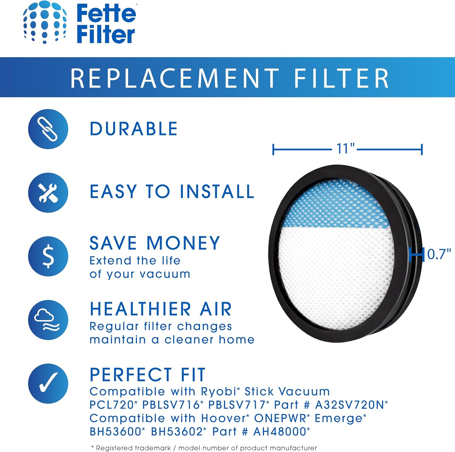 Fette Filter - Replacement Filter Compatible with Ryobi Stick Vacuum PCL720 PBLSV716 PBLSV717 Part # A32SV720N Also Compatible with Hoover ONEPWR Emerge BH53600 BH53602 Part # AH48000 - Pack of 1