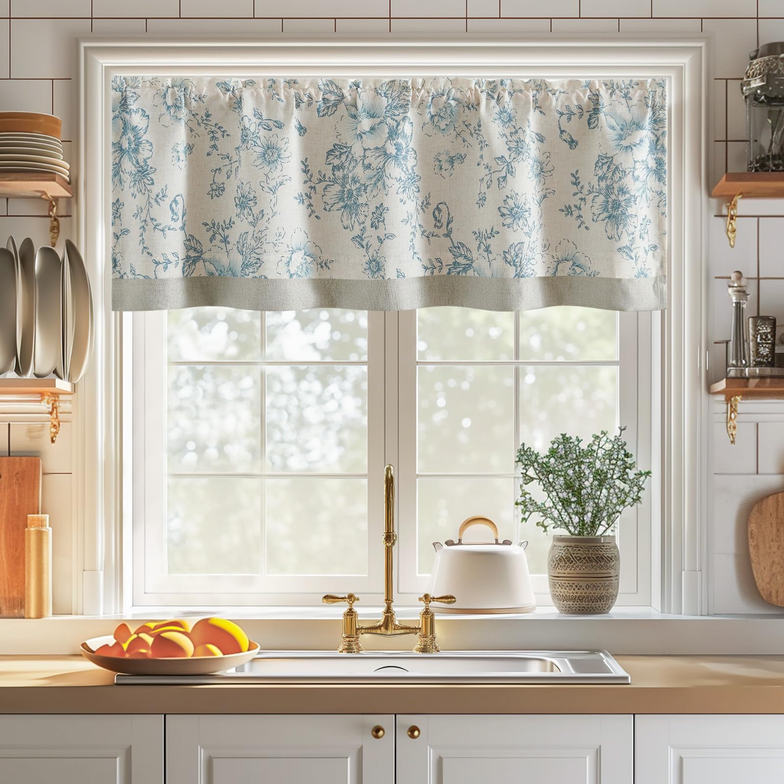 TOPICK Floral Kitchen Curtains Short Cafe Curtains Blackout Double Layer Curtain Valance for Sink Living Room Cabinet Small Window Rod pocket 1 Panel Blue on Beige 18 Inch Drop - Image 2