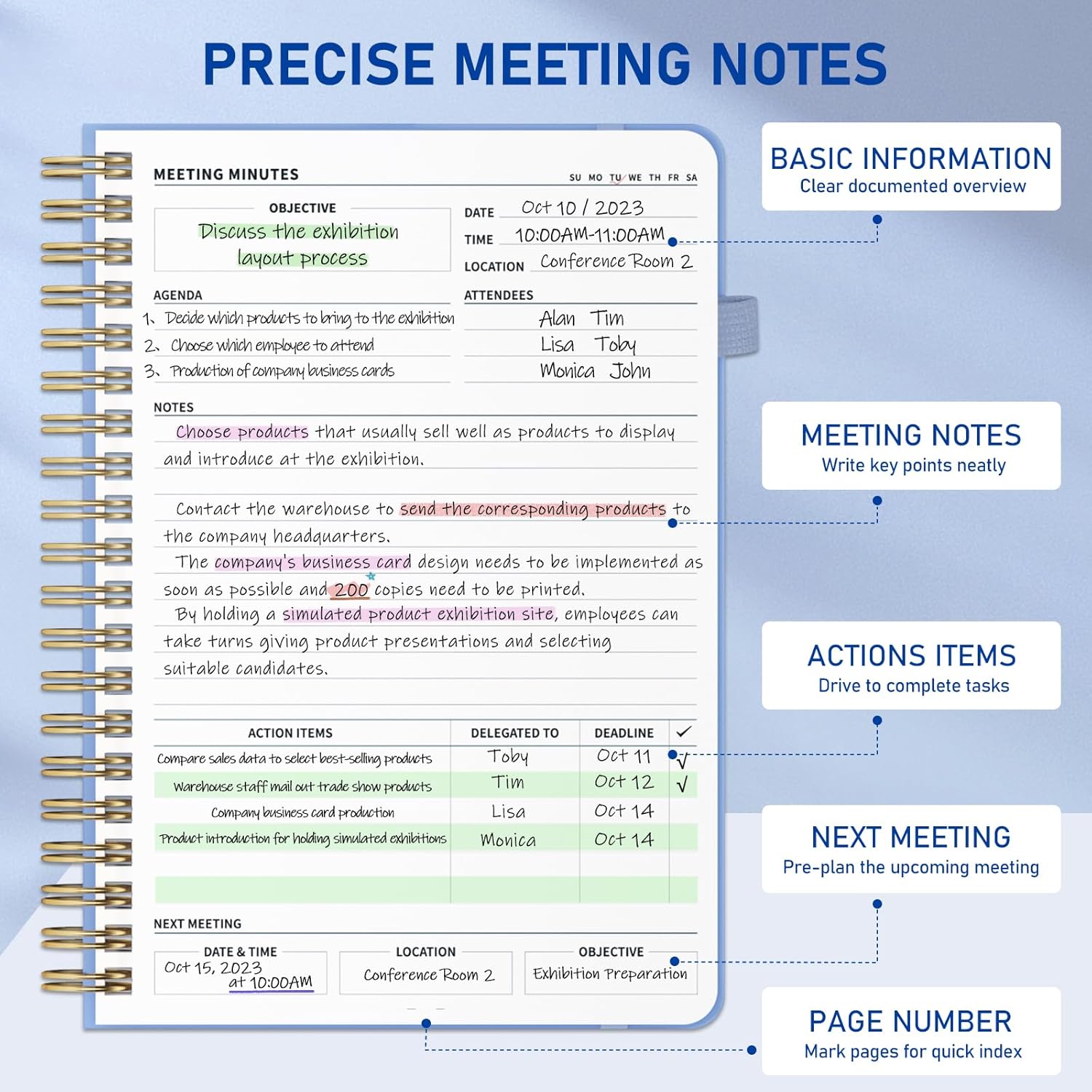 WEMATE 5 Pack Meeting Notebooks for Work（7"x10"） 200 Pages, PU Leather Notebook with Action Items & Note, For Staff & Students, Meeting, Projects Planning- Light Purple, Blue, Rose Gold, Green, Black