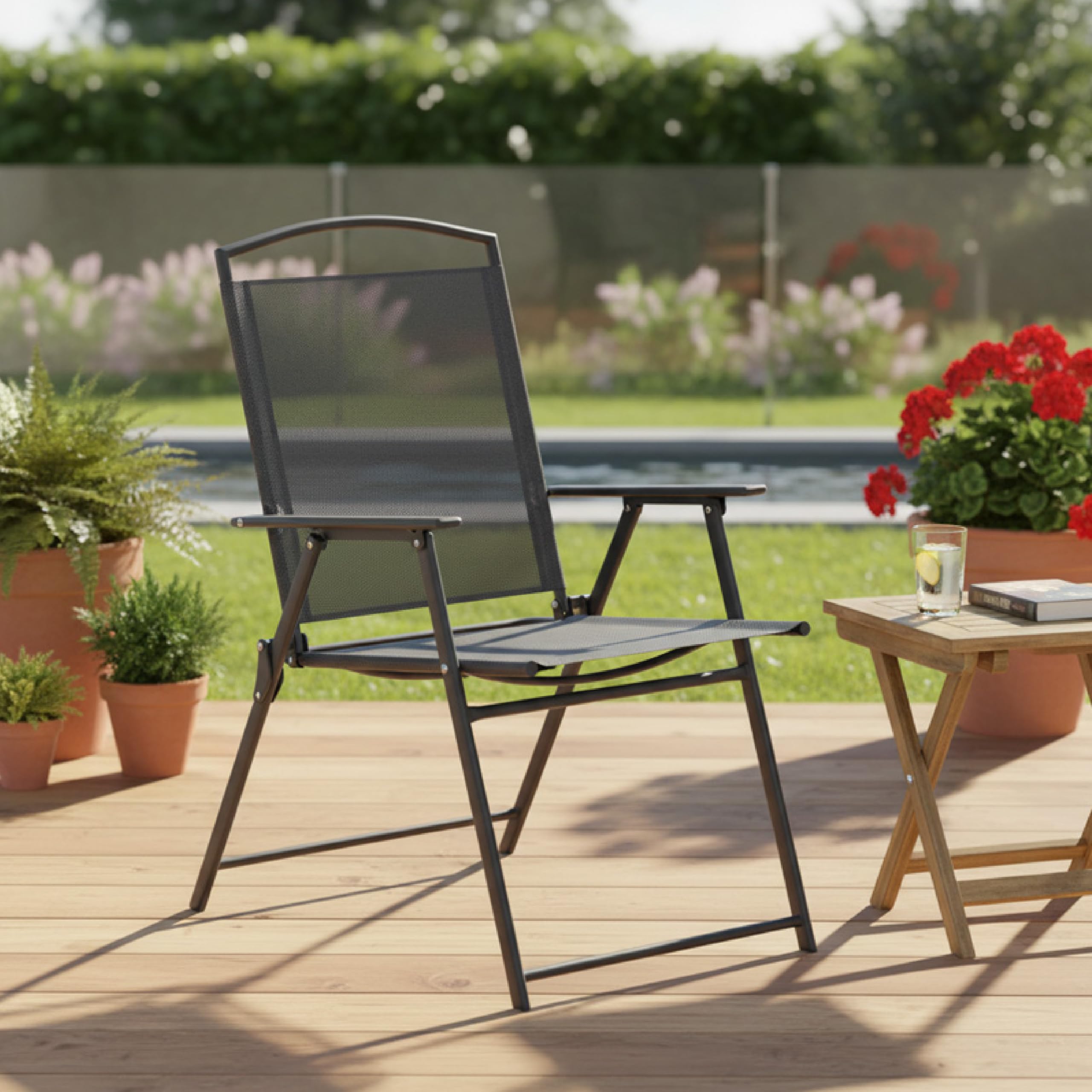 Baroni Home Lot de 4 chaises de jardin pliantes avec accoudoirs, chaises d'extérieur pliables et peu encombrantes, tissu respirant et imperméable, idéales pour terrasse, balcon et jardin (4, noir)