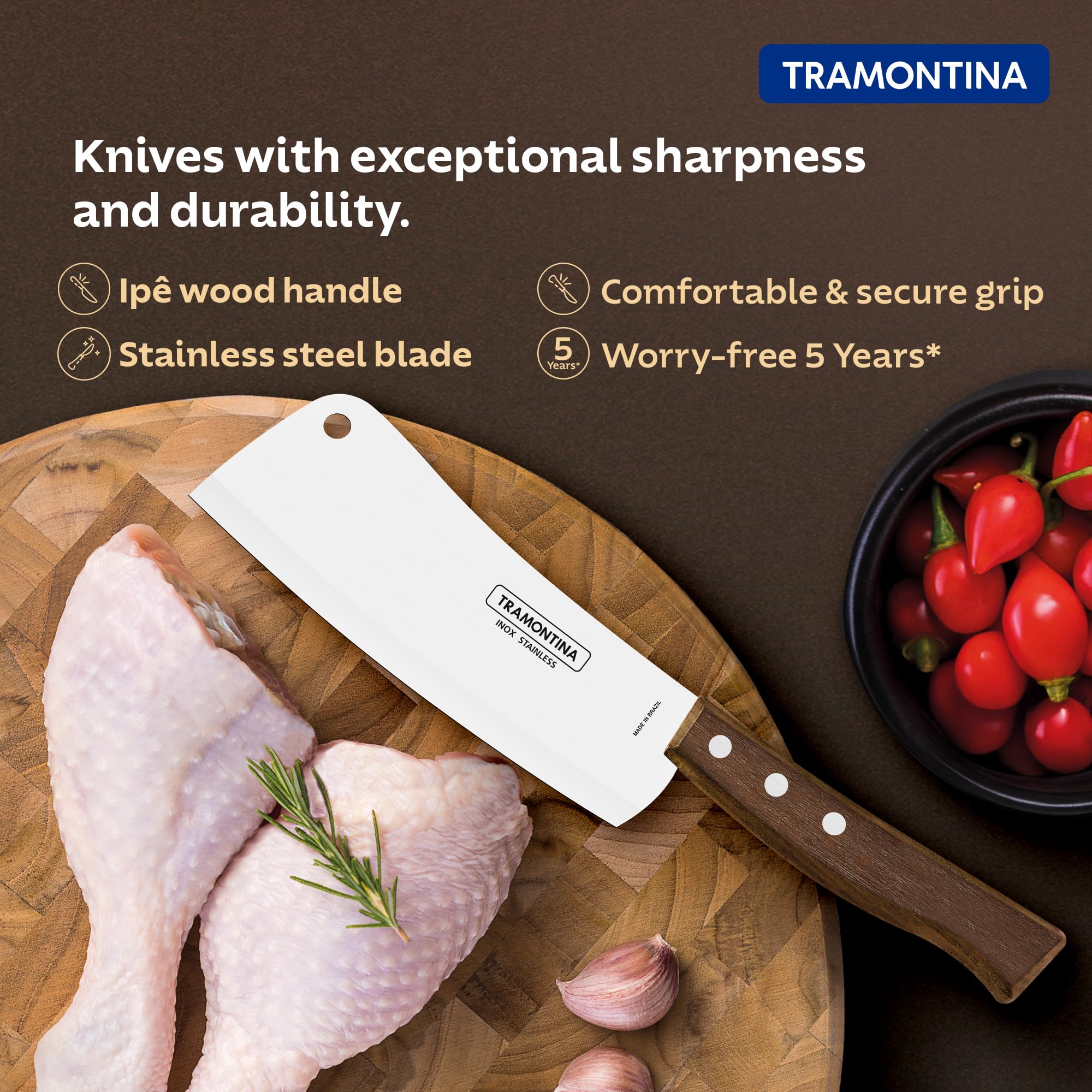 TRAMONTINA Tradicional 15cm/5.9" Cleaver Knife | Stainless Steel Blade | Big Kitchen Knife for Large Vegetables/Fish | Straight/Plain Edge | Brown Ipe Wood Handle | Made in Brazil | 5 Year Warranty* 2
