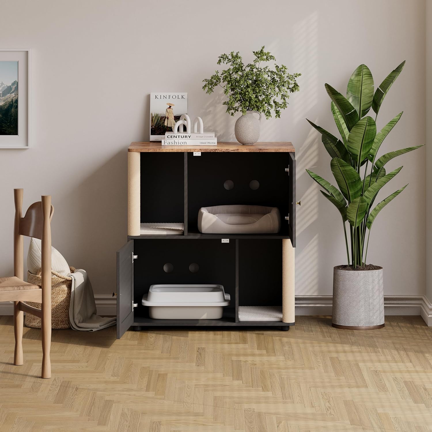 2-Cat Hidden Litter Box Enclosure Furniture with Built-in Sisal Scratching Posts & Integrated Litter Mat, Modern Double Litter Box Cabinet, Odor-Controlling Cat Litter Furniture for Large Cats