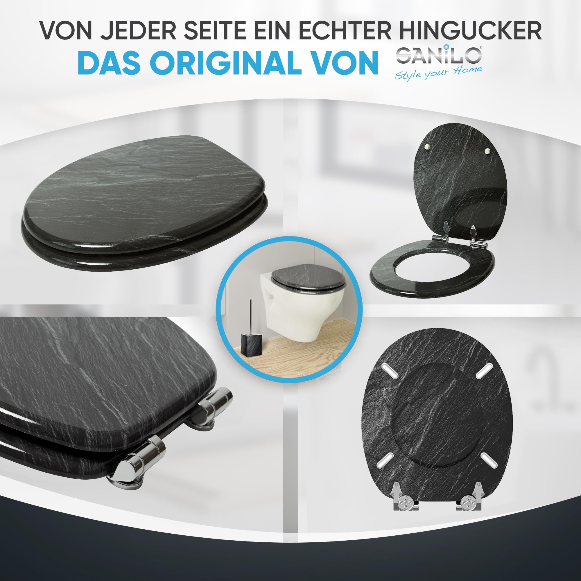 WC-Sitz mit Absenkautomatik, viele neue Toilettensitze zur Auswahl, hochwertige Oberfläche, einfache Montage, stabile Scharniere (Granit)