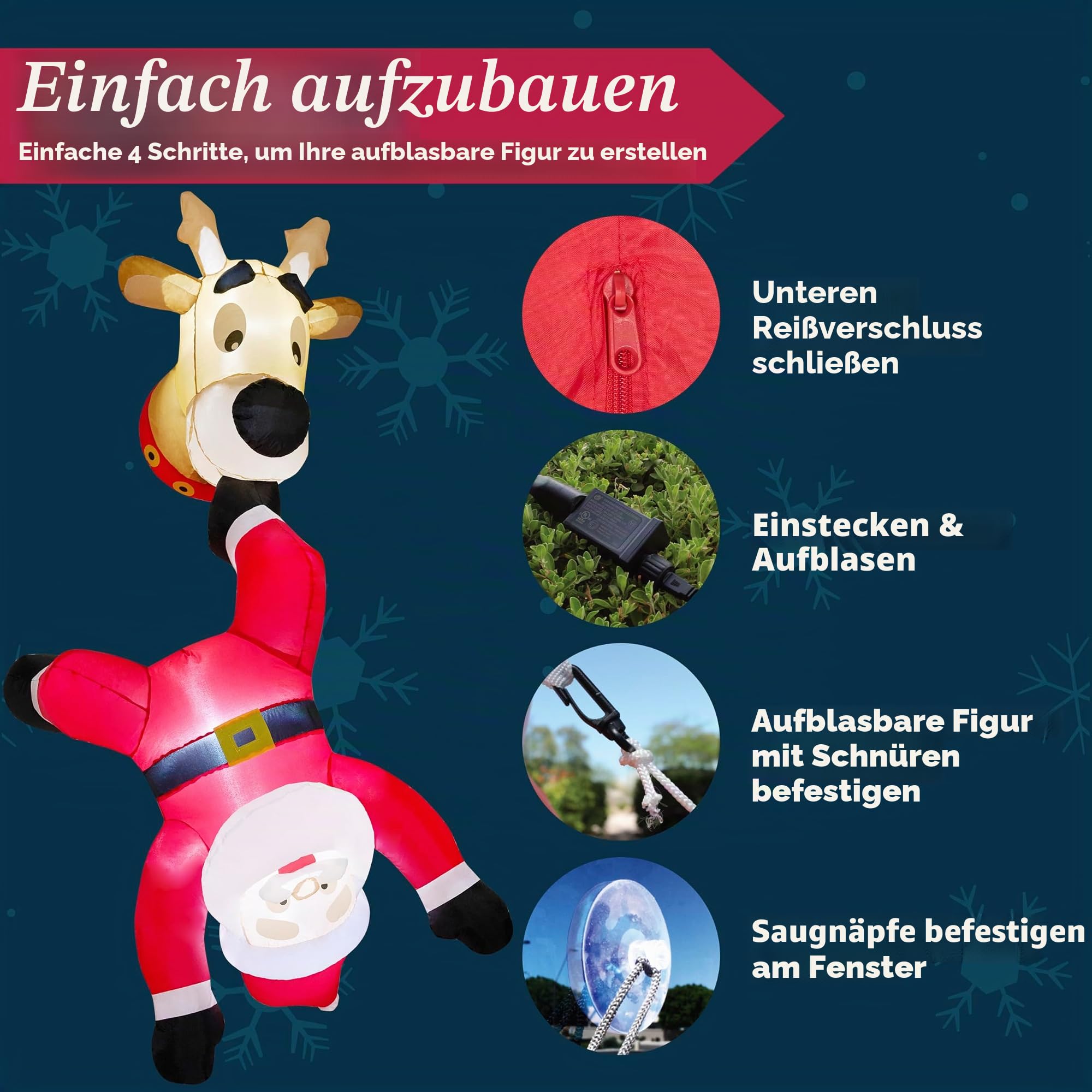 JOIEDOMI Aufblasbarer Weihnachtsmann mit Rentier, 1,8 m hoch, aufblasbar mit eingebauter LED für Fensterdekoration, Weihnachtsfeier, Outdoor, Innenhof, Garten, Dekoration