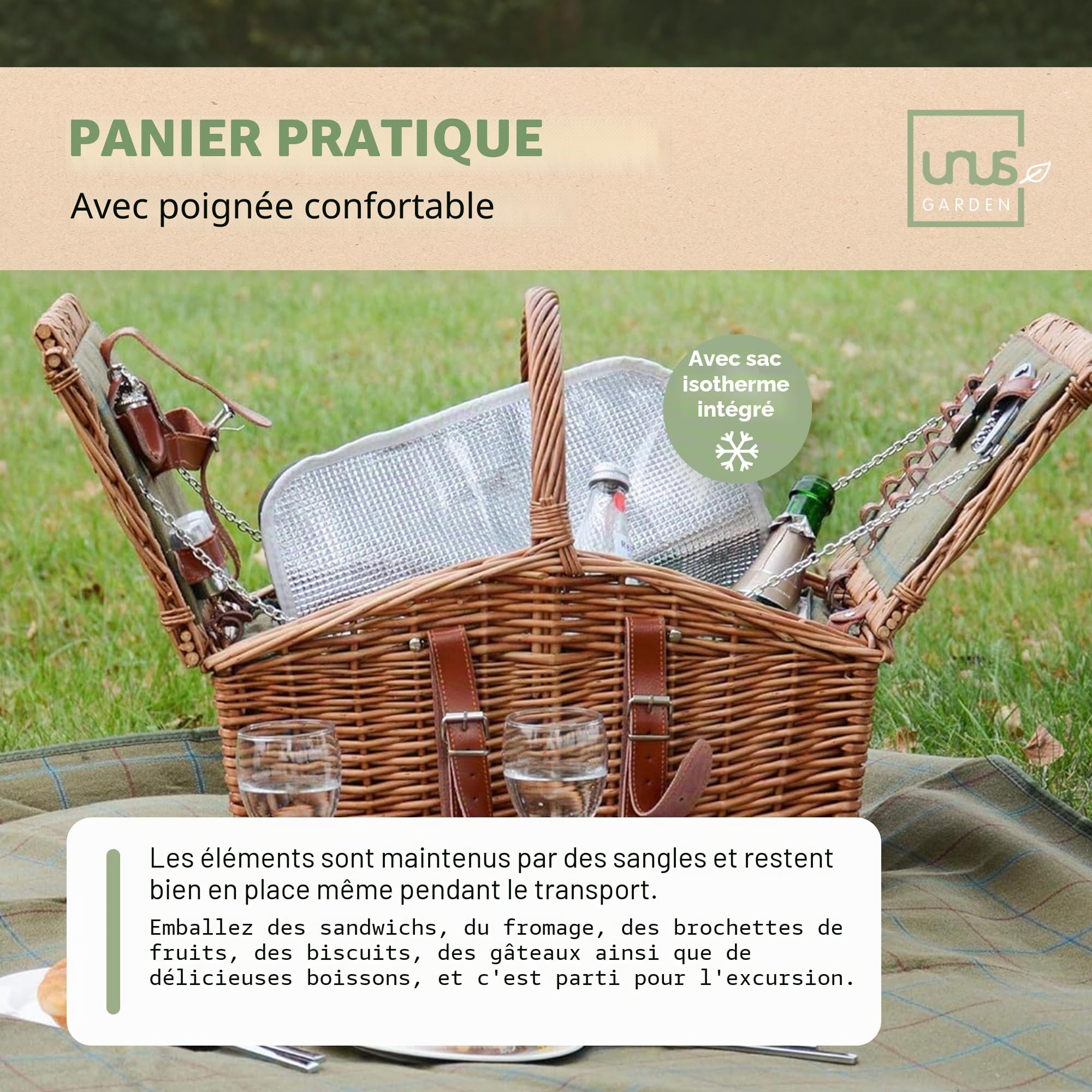 UNUS Panier de Pique-Nique en Osier pour 2 Personnes avec Couverture, Vaisselle et Couverts, Set Complet avec Tapis de Pique-Nique
