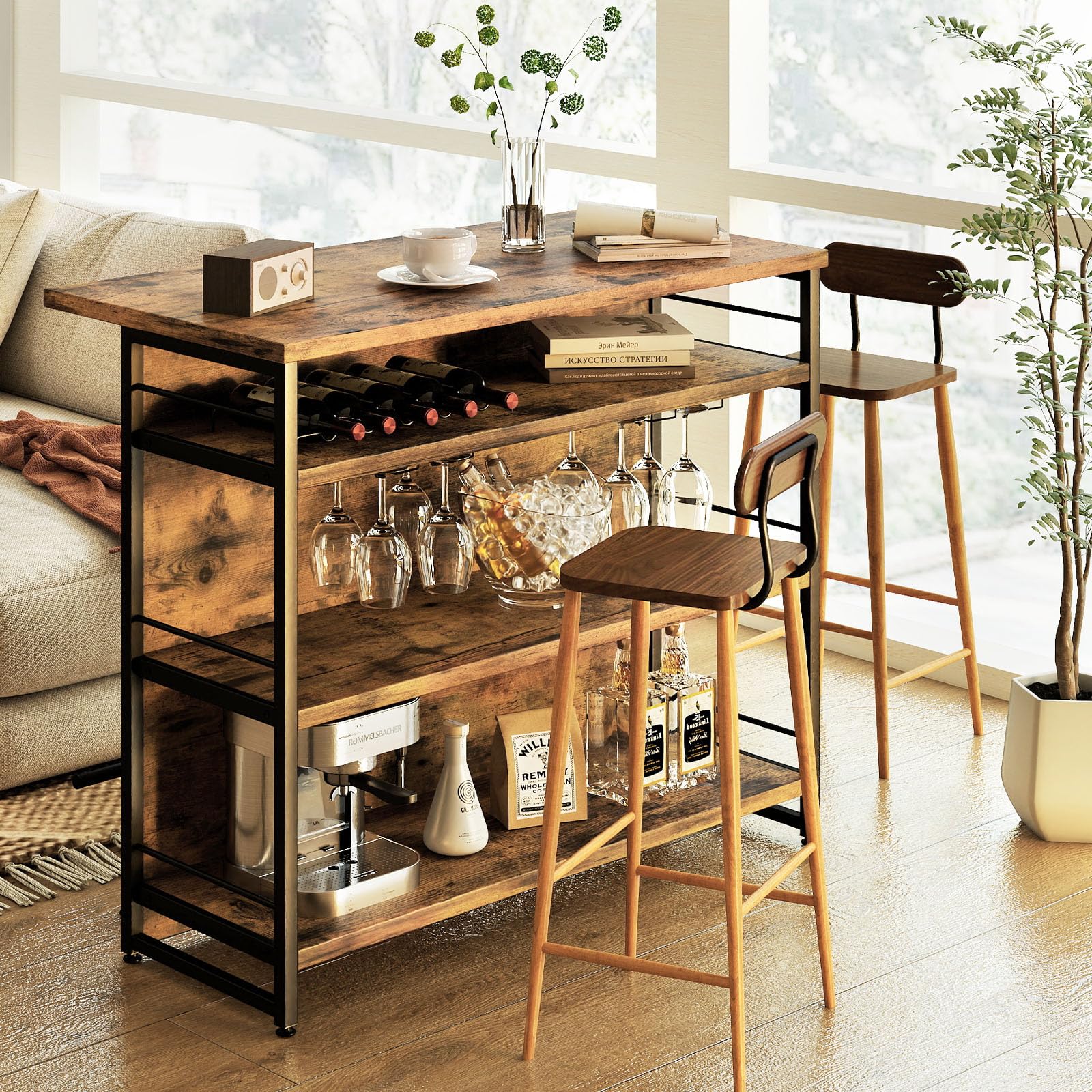 GIANTEX Ilot Central Cuisine avec Plan de Travail, Table de Bar à 4 Niveaux avec Porte-Bouteilles, Porte-gobelets, Casier à Vin et Supports pour Verres à Pied, 60 x 120 x 101 CM (Marron)