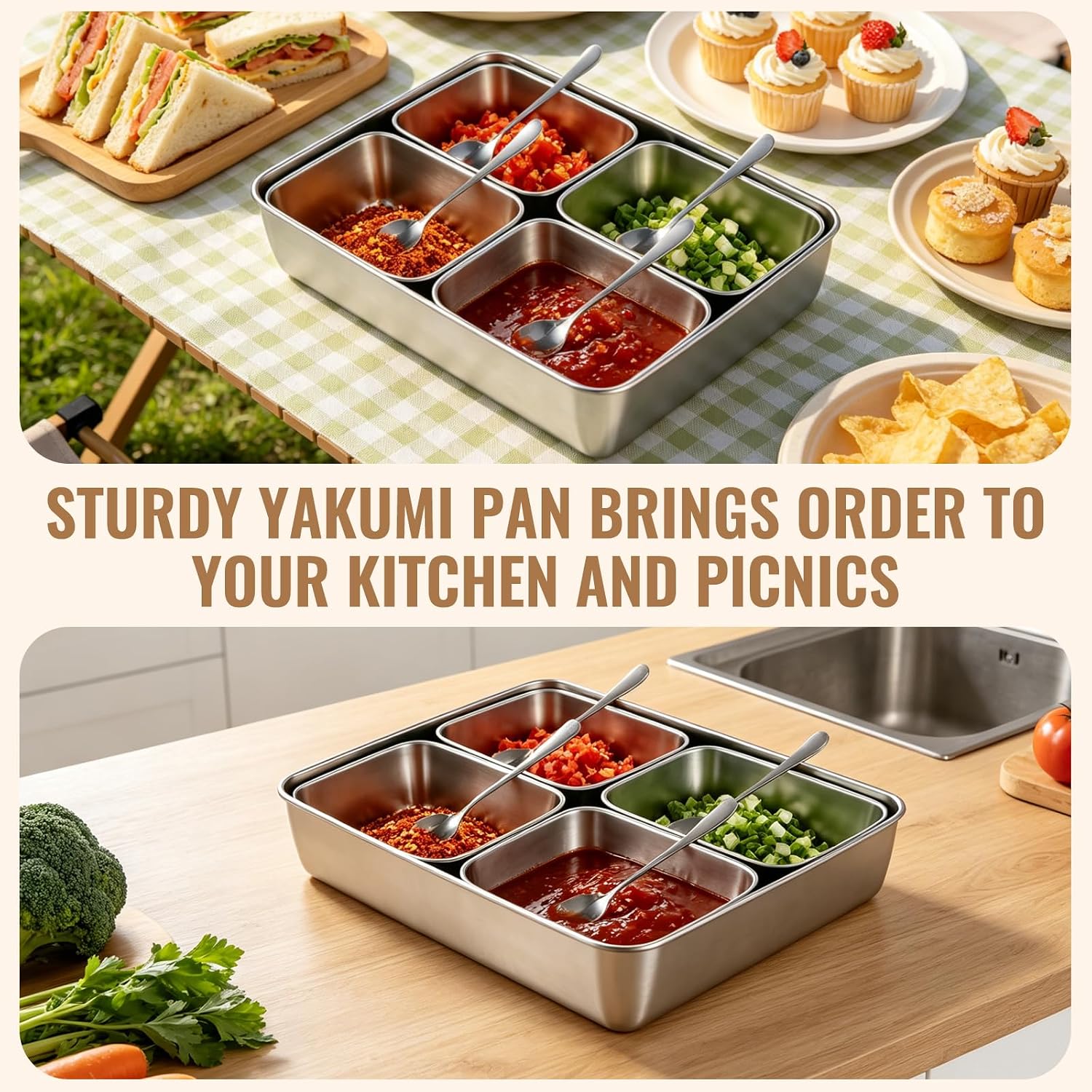 4 Compartment Yakumi Pans 304 Stainless Steel Mini Condiment Containers with Lids and Spoons Japanese Yakumi Pans Seasoning Containers for Masala Dabba Sauces Spices and Dressings
