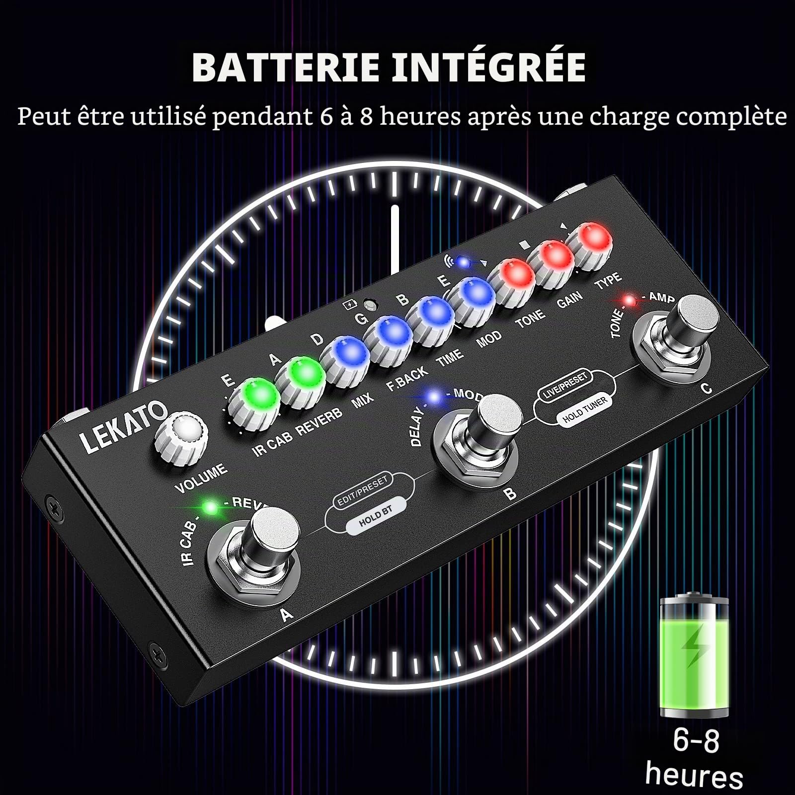 LEKATO Pédale de Guitare Multi-Effets pour Guitare Bass Electrique avec Chargement Infrarouge, Modification, Enregistrement PC/Téléphone, Accordeur, Sortie Casque 3,5 mm, 8H Temps de Travail